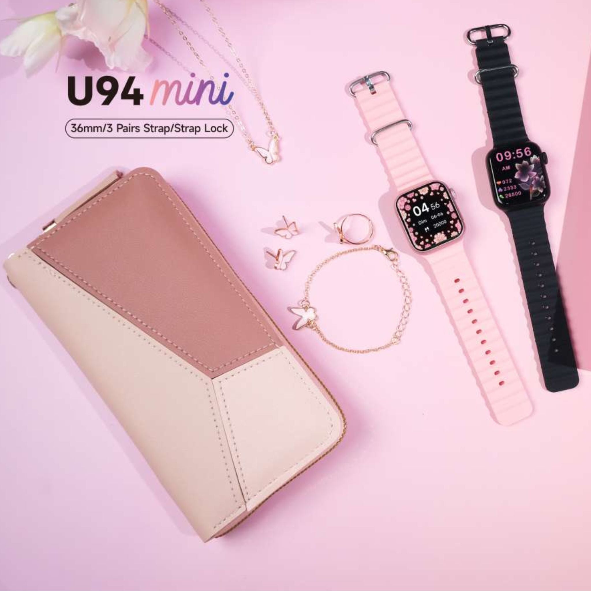 Modio U94 Mini Smartwatch 36MM with Diamond Jewelry & Clutch Bag, 3 Pairs Strap with Strap Lock, Fitness Tracker, Heart Rate & Sports Mode, Waterproof, Compatible with Android & iOS – Elegant