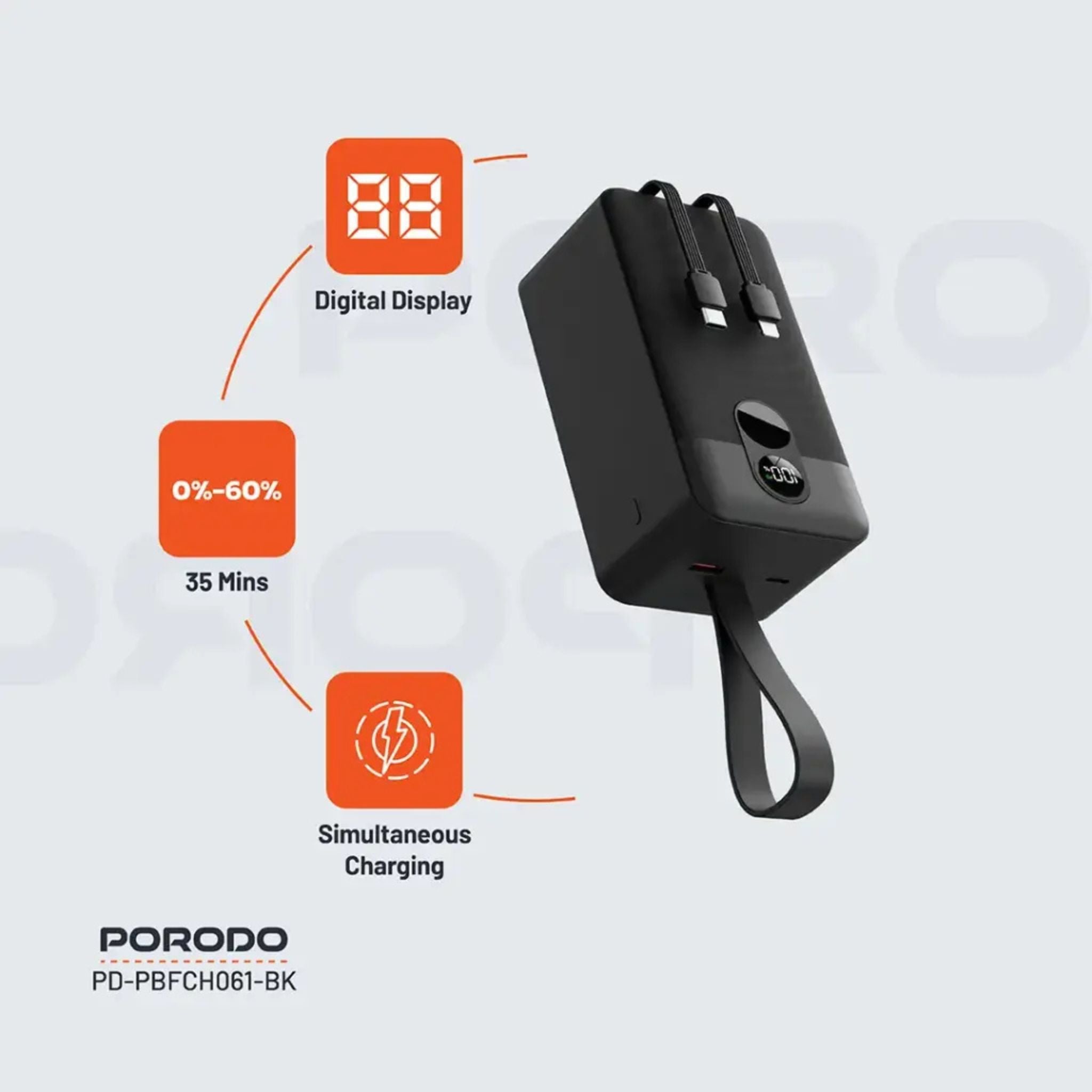 Porodo 50000mAh Power Bank with Built-in Type-C & Lightning Cables, 22.5W Power Delivery, Simultaneous Charging, 0%-60% Charge in 35 Minutes, Digital Display - Black