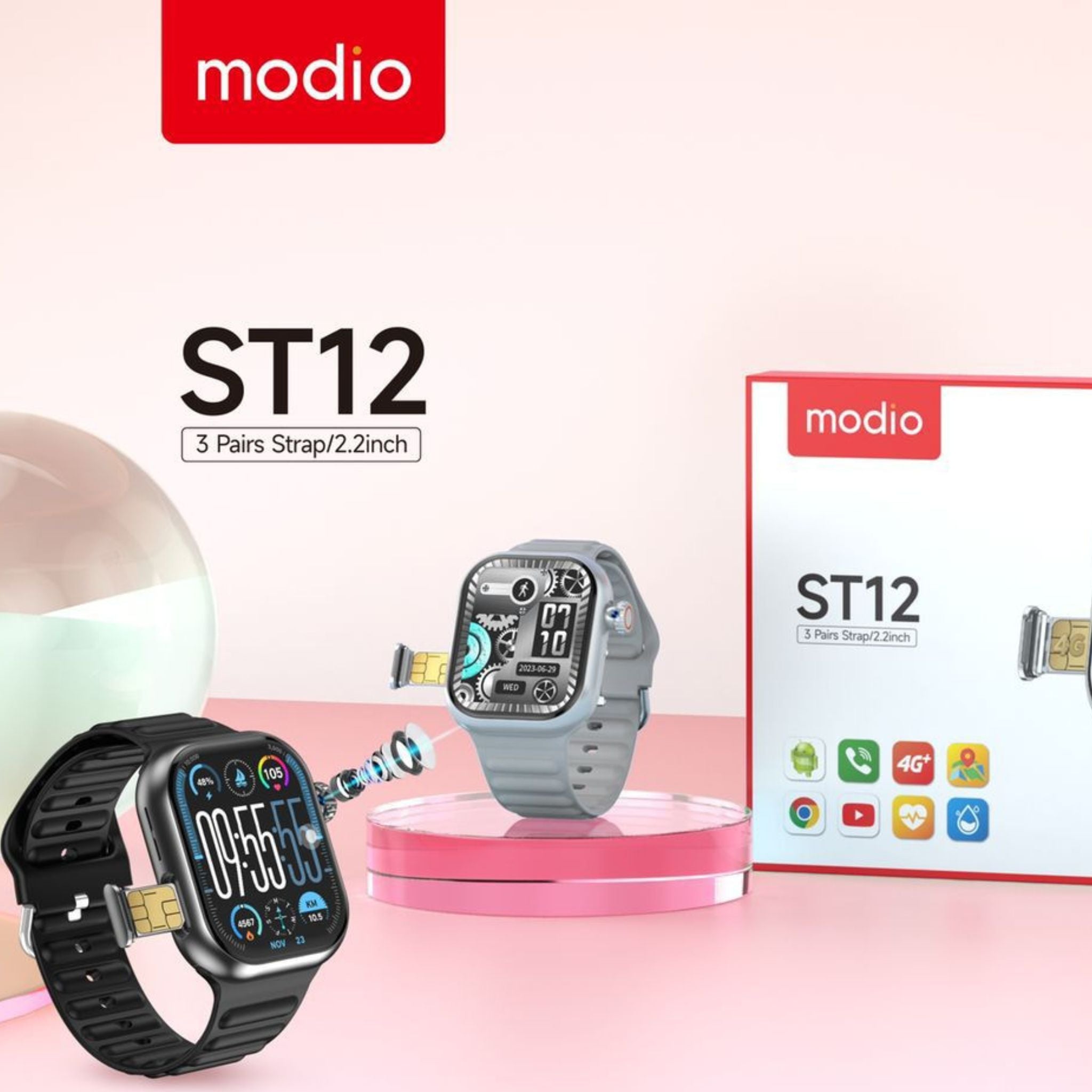 Modio ST12 smartwatch in black color with a 2.2 inch screen, accompanied by three pairs of straps, displayed alongside its packaging box.