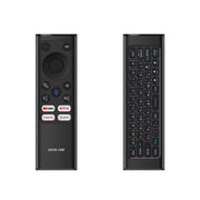 Black remote control with keyboard on a white background
