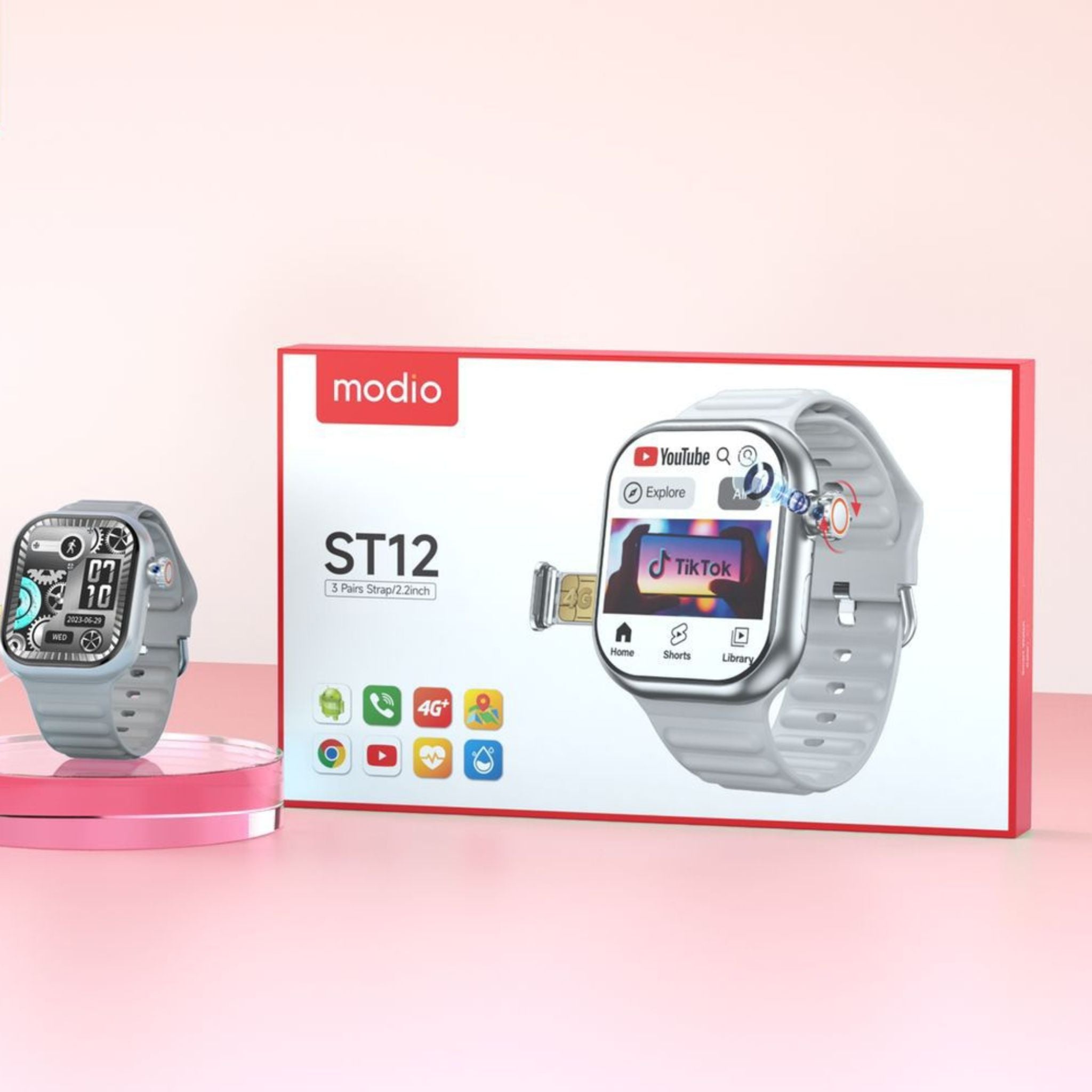 Modio ST12 4G Network 3 Pairs Strap/2.2 inch Smartwatch- Silver