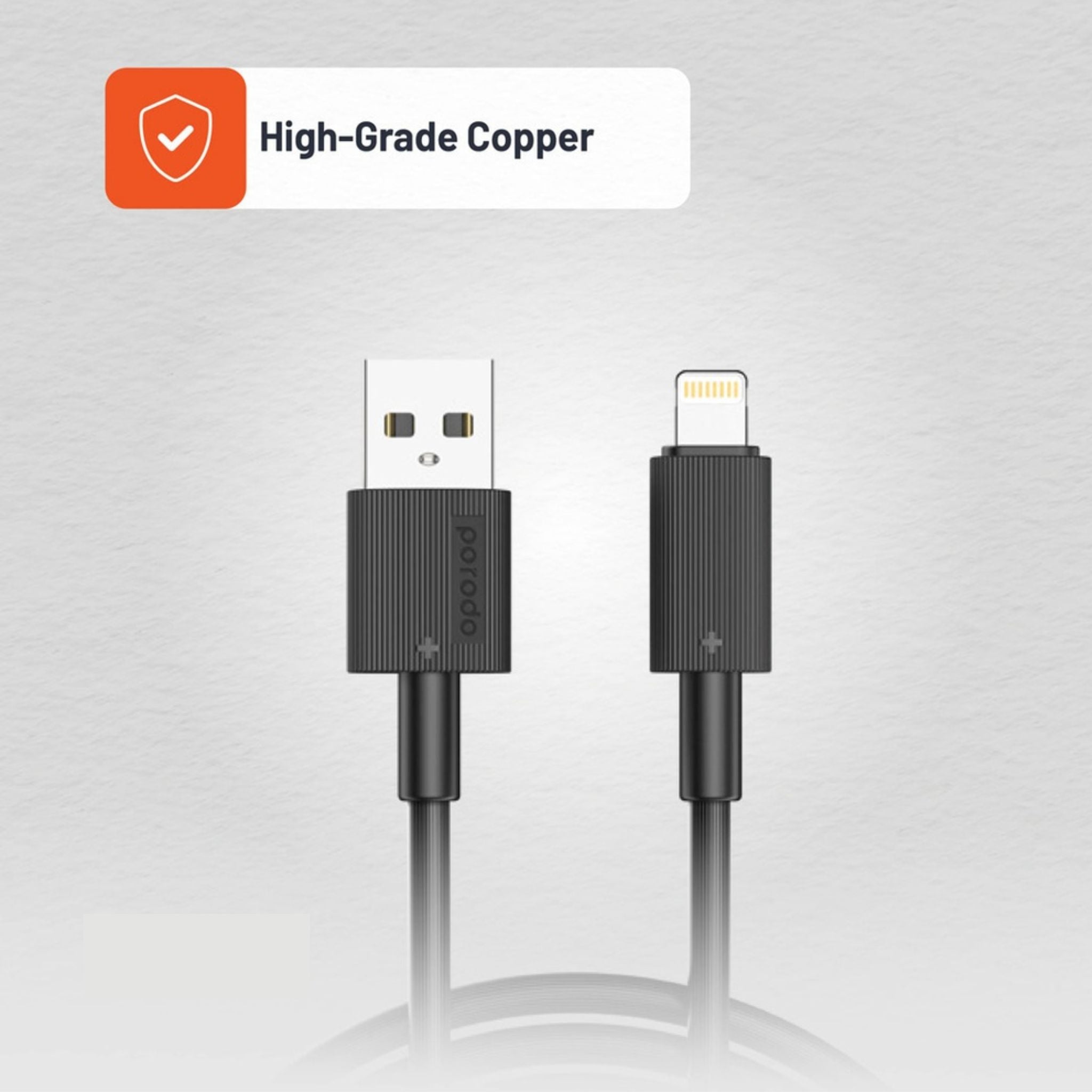Porodo USB-A to Lightning Durable Charging Cable with 3m Length, PVC Material, Fast Charge & Data Sync, 15000+ Bends Lifespan, 480Mbps Data Transfer Speed, Tangle-Free Design - Black