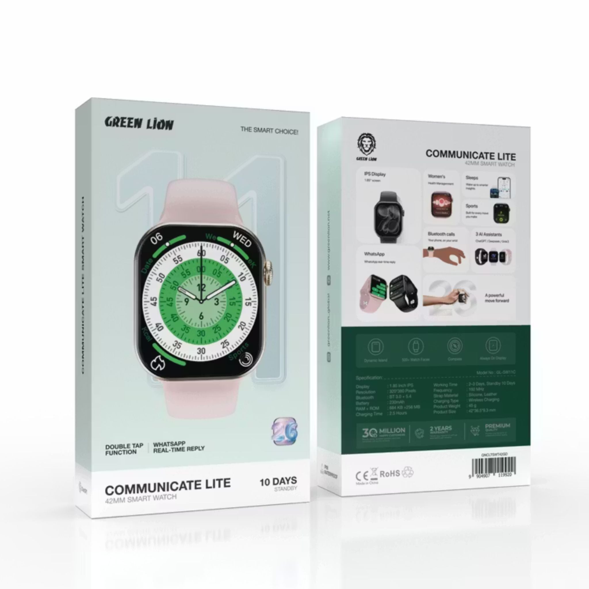 Green Lion Communicate Lite 42mm Smartwatch, 1.85” IPS Display, 230mAh Battery, 2–3 Days Use, 10-Day Standby, Bluetooth 3.0+5.4, Wireless Charging, Double Tap Function, Dynamic Island, Always-On Display, 500+ Watch Faces- Gold