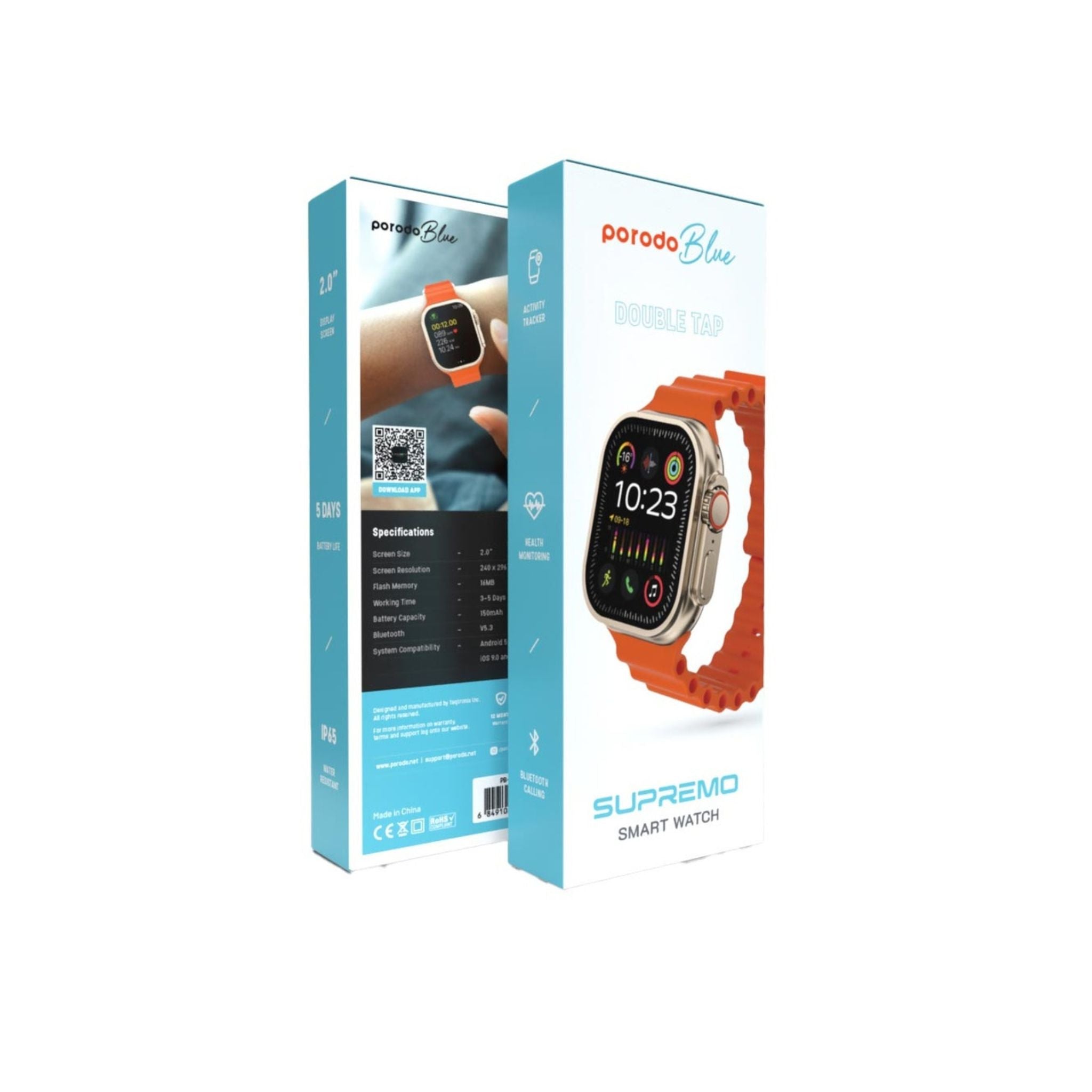 Porodo Blue Watch Ultra with Motion Gestures, Bluetooth Calling, Health Monitoring, Activity Tracker, 5 Days Battery Life, Bluetooth V5.3, Double Tap Function - Titanium