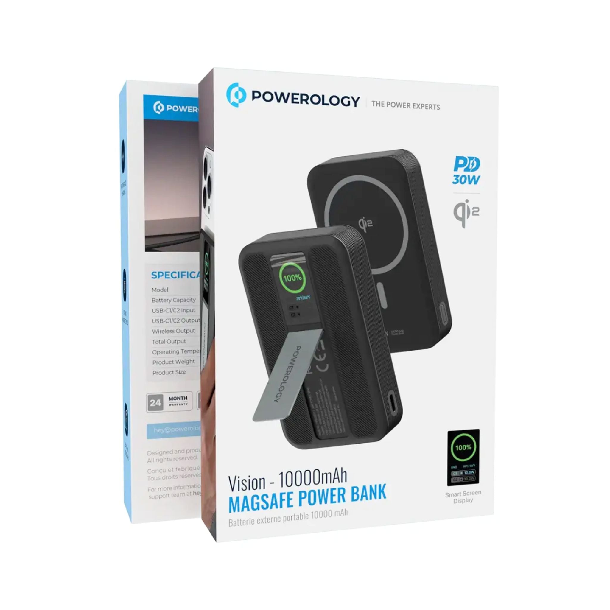 Powerology Vision 10000mAh MagSafe Power Bank with PD 30W, Qi2 Technology, Dual USB-C Ports, Strong Magnetic Holder, Built-in Kickstand, Smart Screen Display - Black