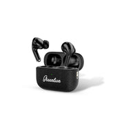 A pair of black Green Lion Classic True Wireless Earbuds with a charging case.