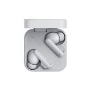 Wireless earbuds in a charging case on a white background