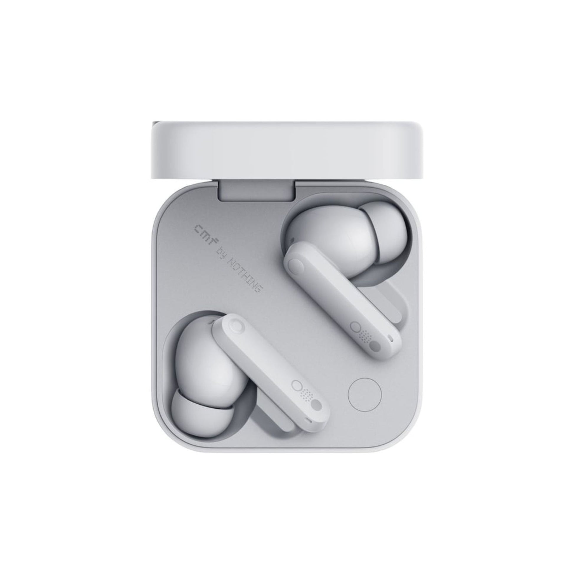Wireless earbuds in a charging case on a white background