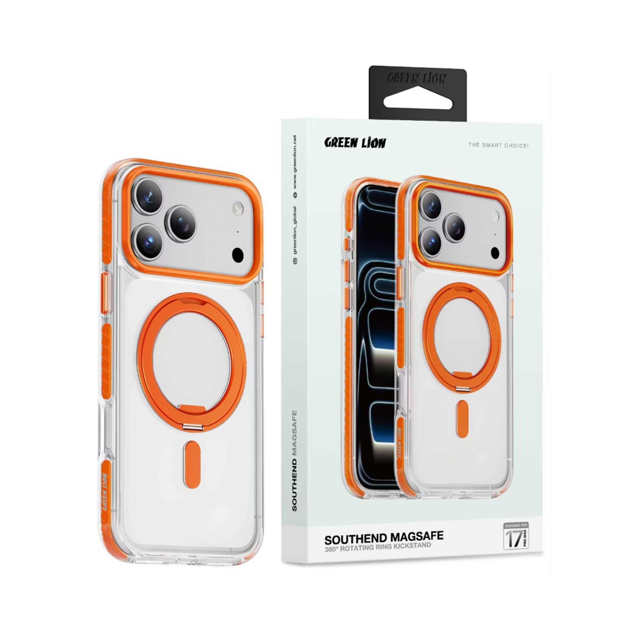 Green Lion Southend Magsafe Case for iPhone 17 Pro Max, Camera Protection, Hybrid Materials, Built-in Kickstand Ring with 360° Rotation, Military-Grade Protection - Orange