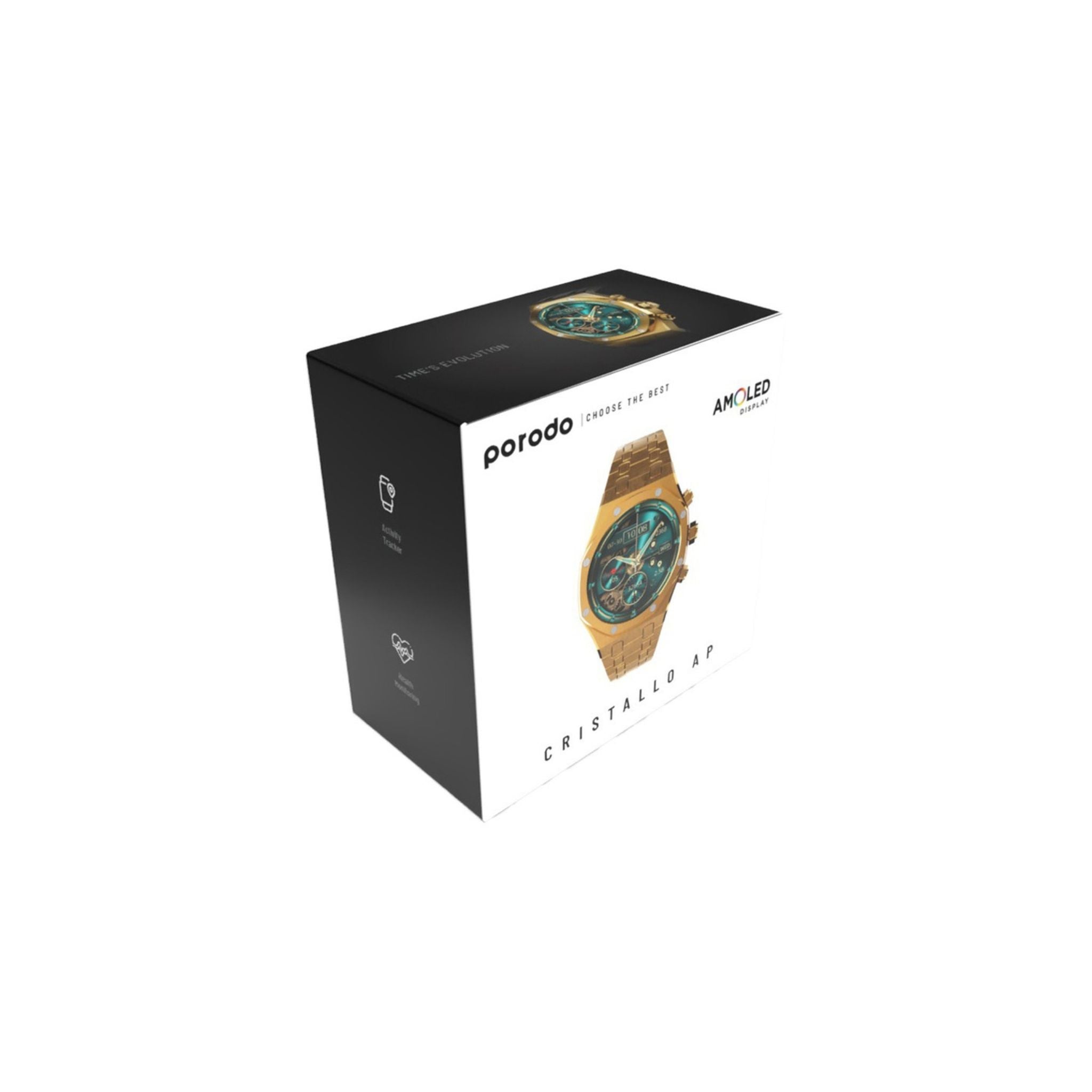 Porodo Cristallo AP Smart Watch 49mm with 1.43" AMOLED Display, 466x466p Resolution, 260mAh Lithium Polymer Battery, Bluetooth V3.0, V5.0, IP68, 128MB Flash Memory, 7-15 Days Working Time - Gold
