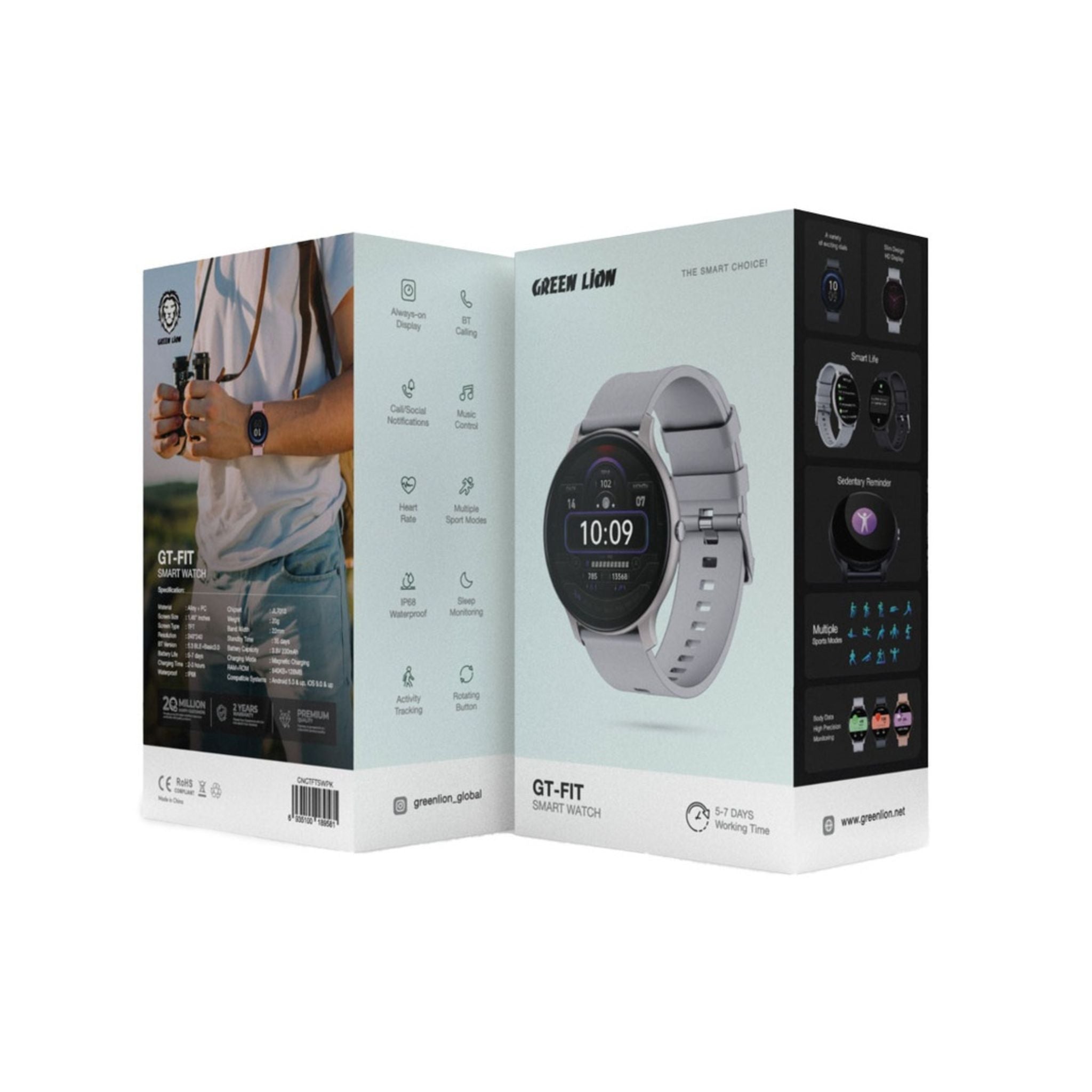 Green Lion GT-FIT Smart Watch with 1.45” Always-On Display, Bluetooth Calling, Heart Rate & Sleep Monitoring, Multiple Sports Modes, IP68 Waterproof, 5-7 Days Battery, Magnetic Charging – 22mm Strap