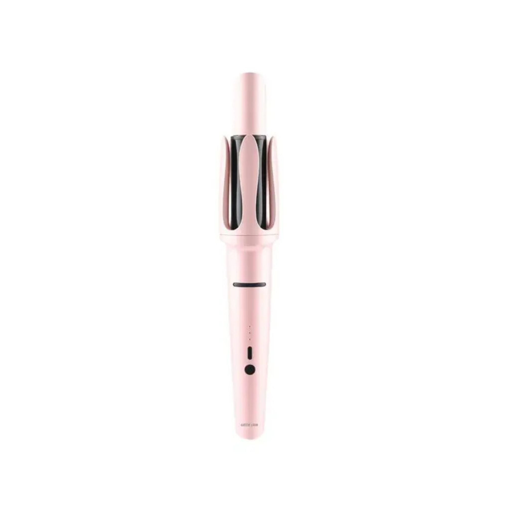 A pink hair curler with a black barrel, featuring an LED indicator and a swivel cord.