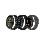 A collection of Haino Teko smartwatches with full-screen AMOLED displays, featuring black straps and digital watch faces. One watch has a camouflage strap, and all watches show the time and date.