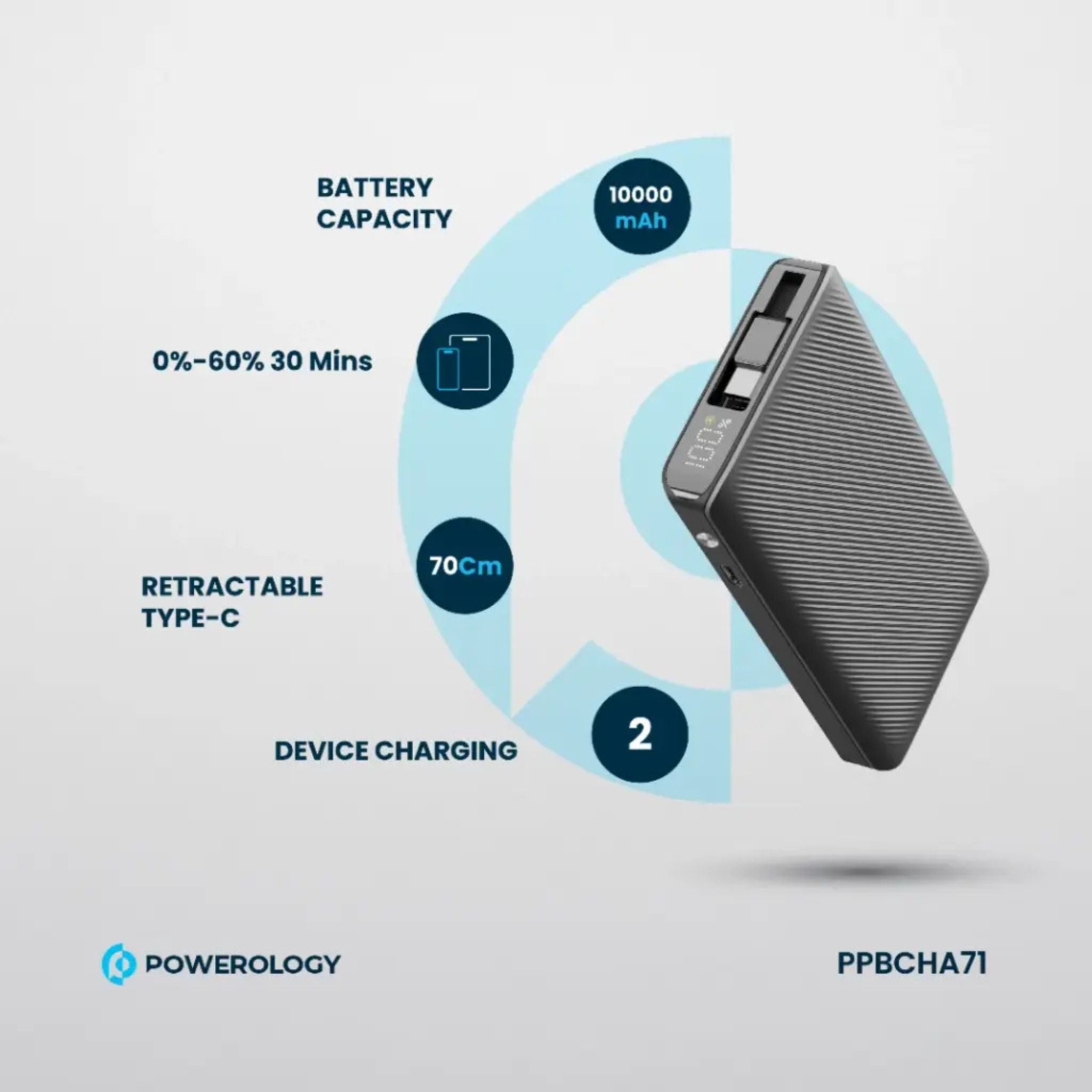Powerology 10000mAh Power Bank with 70cm Retractable Type-C Cable, LED Display, Lightweight & Portable Design, Fast-Charging, USB-C Input & Output, 2-Device Charging, Patented Design, 22W Power Delivery - Black