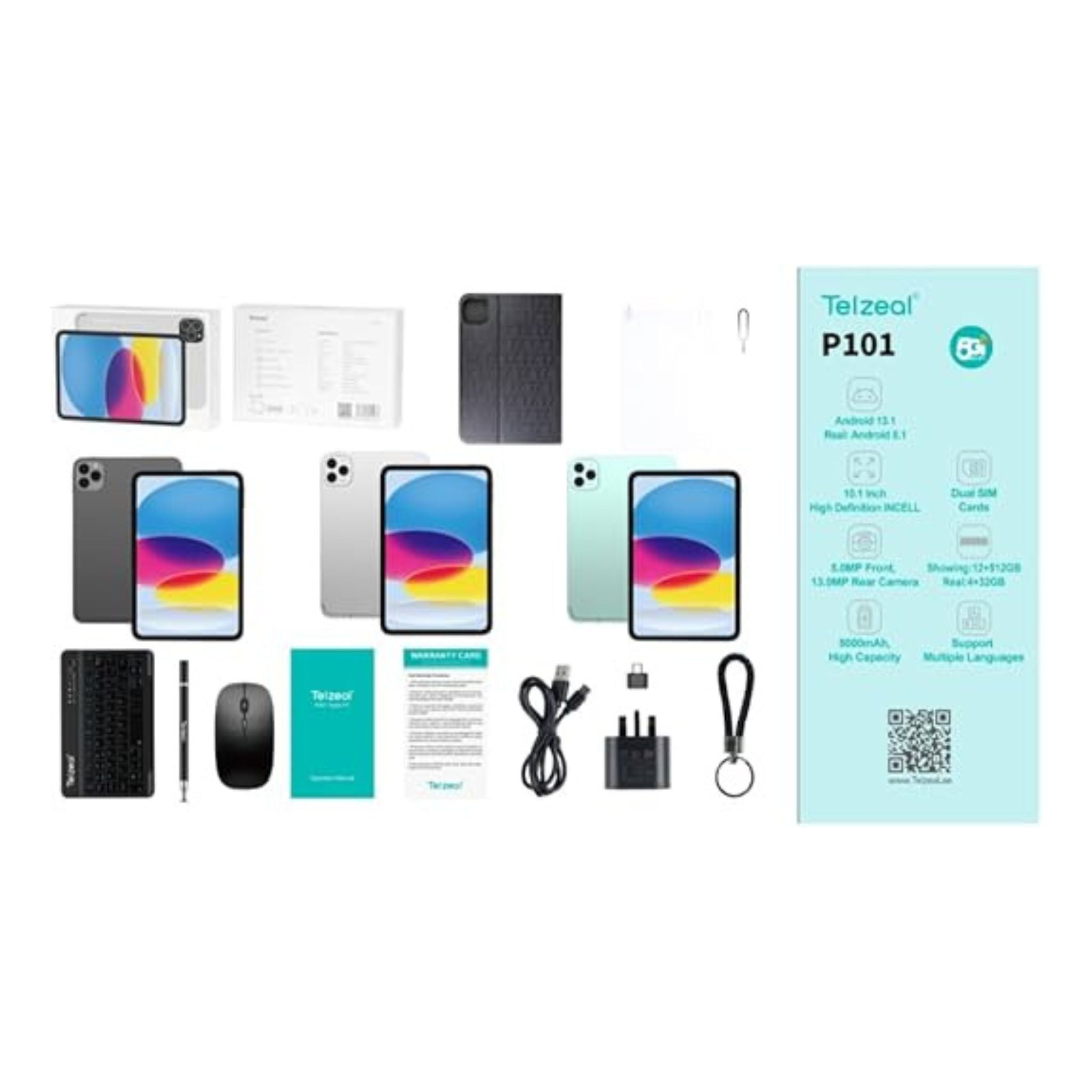 Telzeal P101 ,10.1 Inch Android 13 Tablet with 5G WiFi and Dual SIM 8GB RAM 512GB ROM 8000 mAh High Capacity Battery Wireless Keyboard and Mouse-Silver