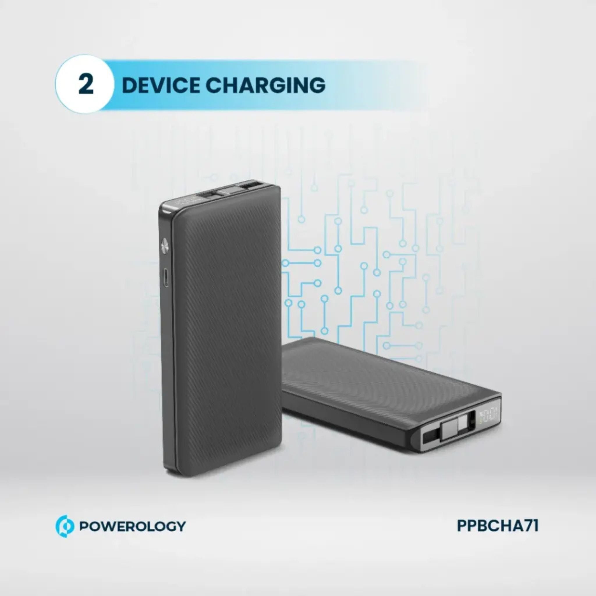 Powerology 10000mAh Power Bank with 70cm Retractable Type-C Cable, LED Display, Lightweight & Portable Design, Fast-Charging, USB-C Input & Output, 2-Device Charging, Patented Design, 22W Power Delivery - Black