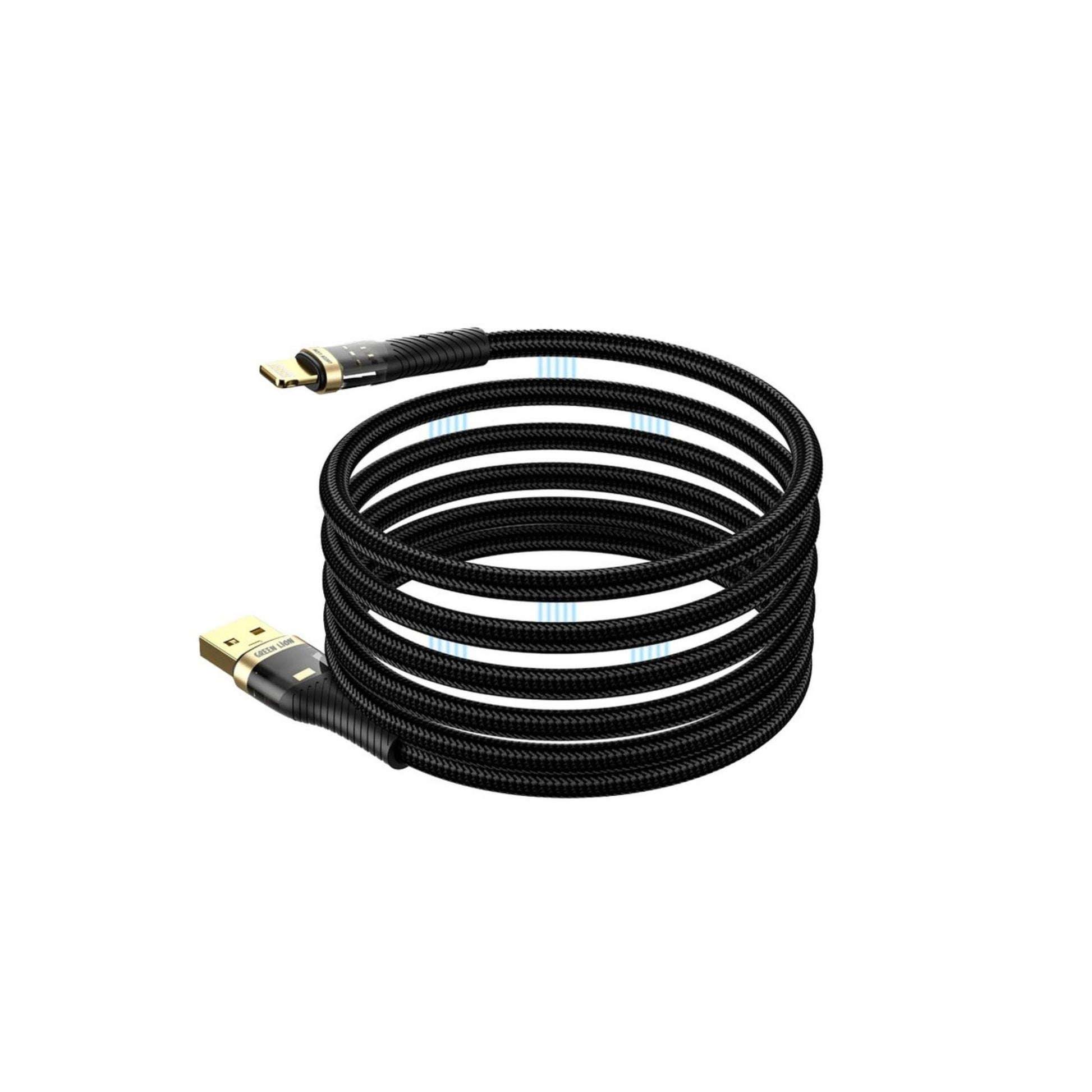 A black braided USB-A to Lightning cable with a transparent head.