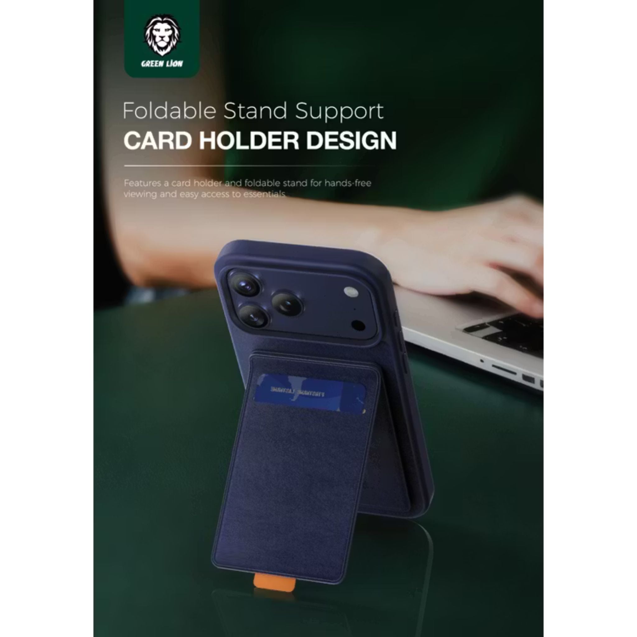 Green Lion Regal MagSafe Leather Case with Card Holder for iPhone 17 Pro, Anti-Fingerprint, Foldable Stand, Camera Protection, Comfortable Grip, Anti-Scratch, Shock Absorption - Blue