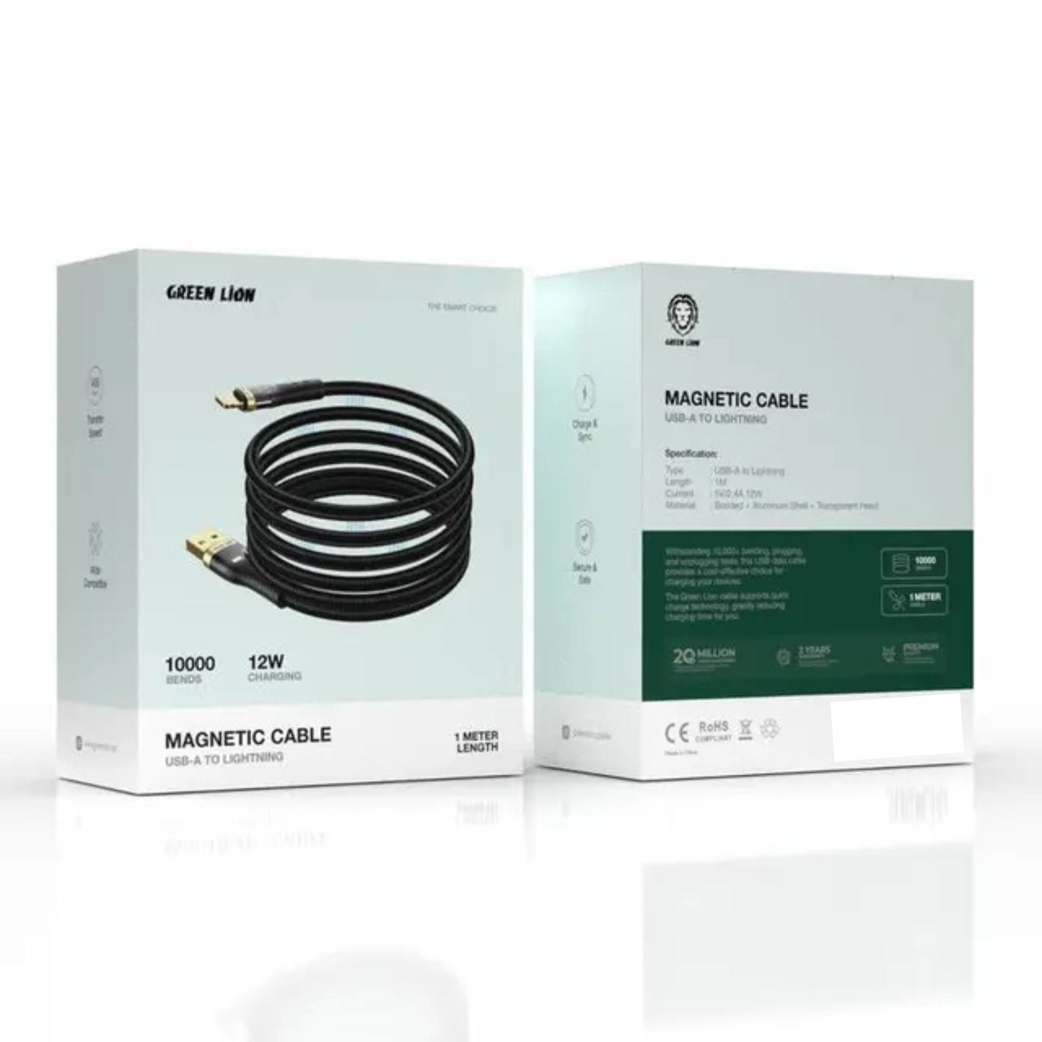 Green Lion Magnetic USB-A to Lightning Cable with 10000 Bends Life Span, 12W, Secure & Safe, Charge & Sync, Wide Compatible, 1m Cable Length - Black