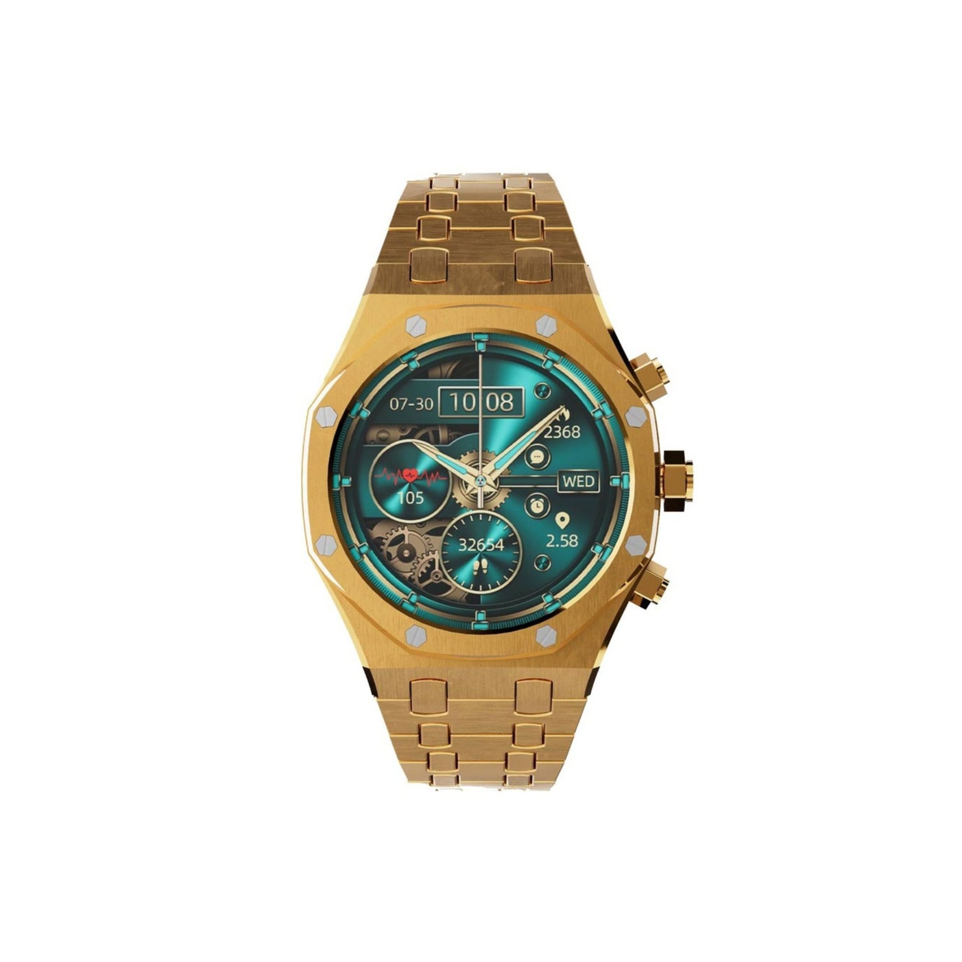 A gold-colored Porodo CristalloAP smart watch with a blue dial and a gold bracelet.