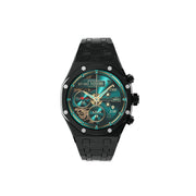 A black Porodo Cristallo AP Amoled Display Smart Watch with a turquoise dial and a zinc alloy band.
