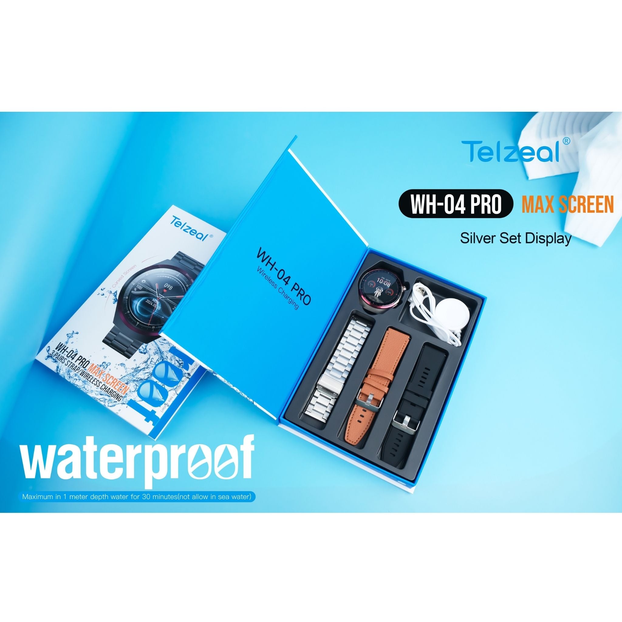 Telzeal WH 04 Pro Max Screen Waterproof Smartwatch With Curved Display 3 Pair Straps and Charging Cable Designed for Mens and Boys- Silver