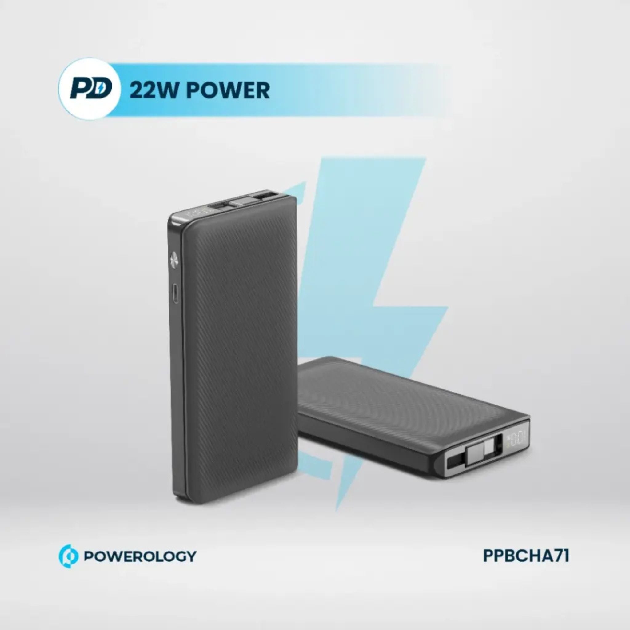 Powerology 10000mAh Power Bank with 70cm Retractable Type-C Cable, LED Display, Lightweight & Portable Design, Fast-Charging, USB-C Input & Output, 2-Device Charging, Patented Design, 22W Power Delivery - Black