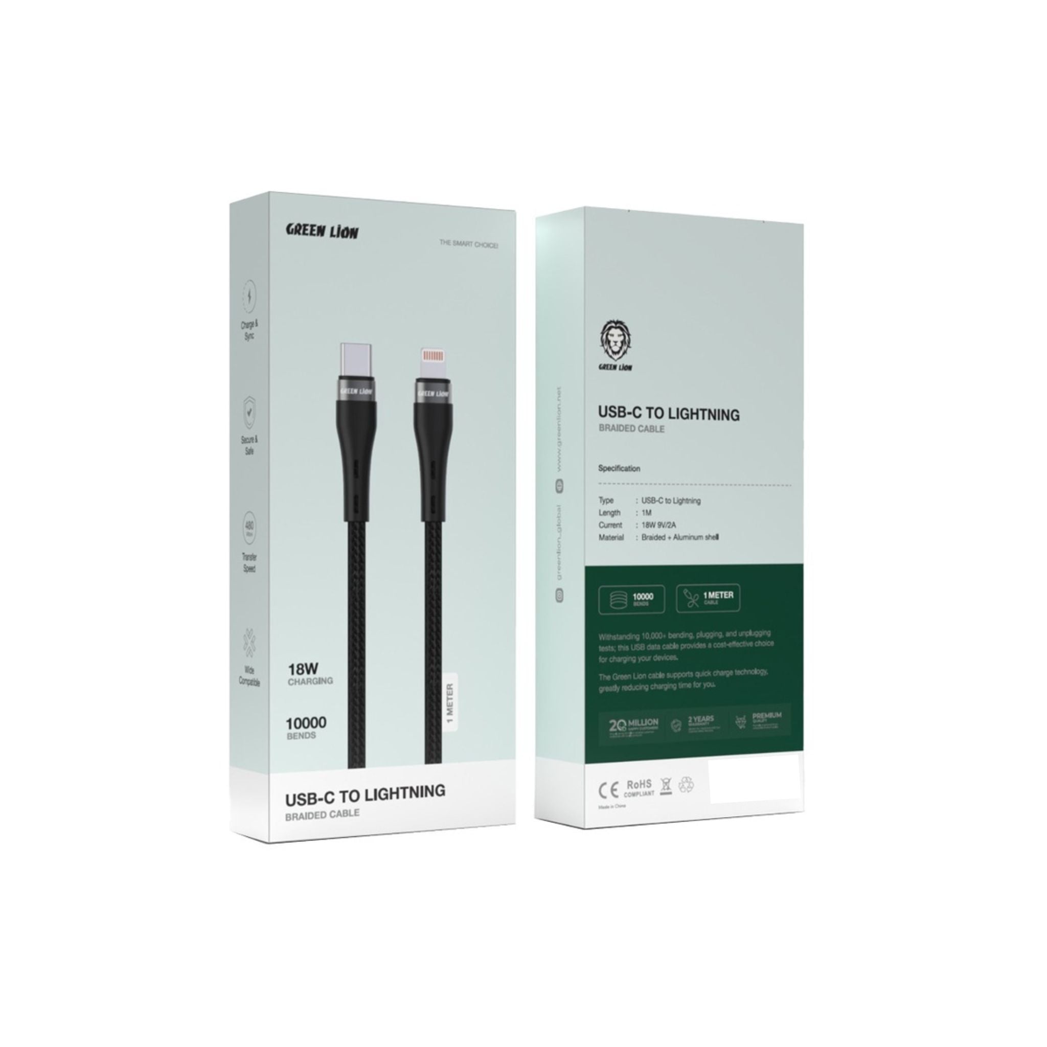 Green Lion USB-C to Lightning Braided Cable 18W, Secure & Safe, Charge & Sync, Wide Compatibility, 1M Cable Length, 10000 Bends Life Span - Black