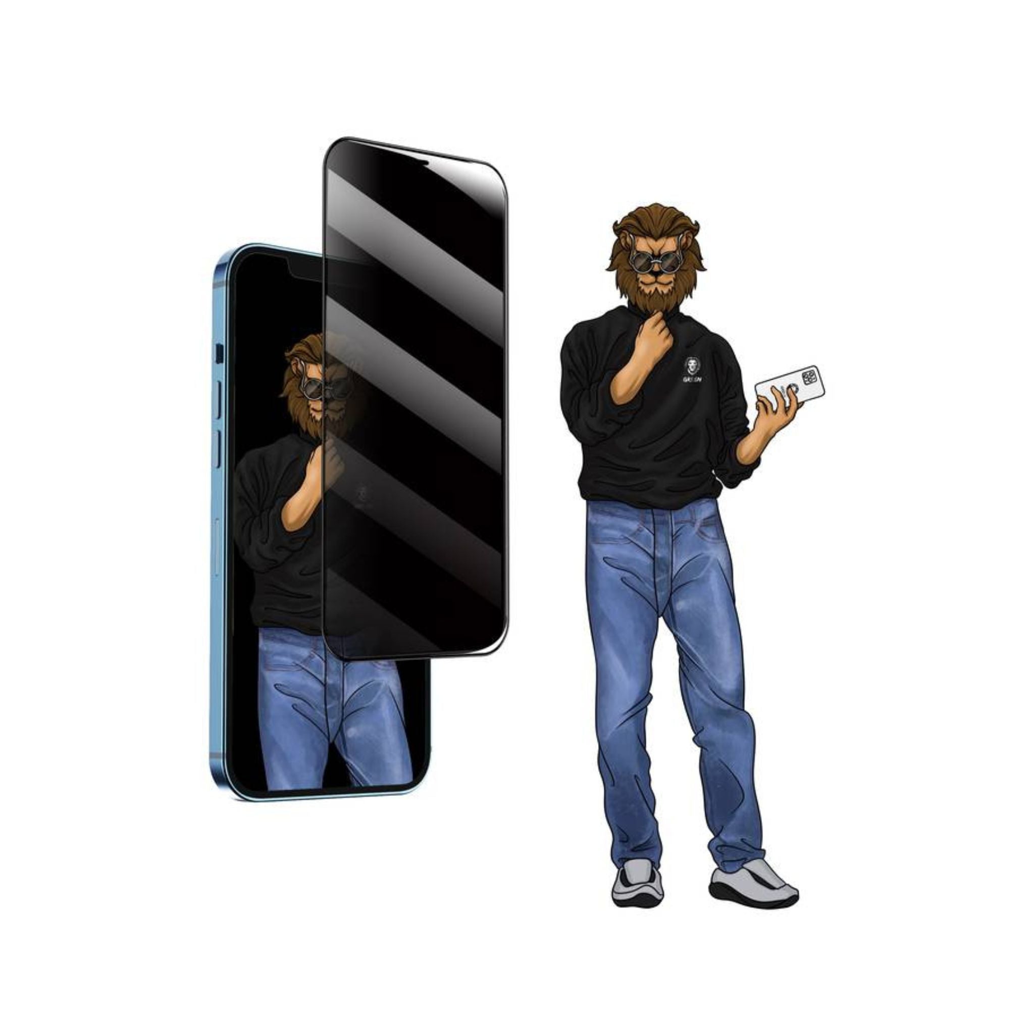 Illustration showing a privacy screen protector being applied to an iPhone, with a cartoon character demonstrating its 90-degree privacy feature.