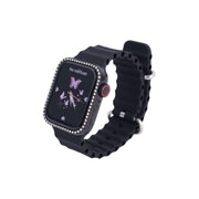 A black Modio MW19 Mini Smart Watch with a 36mm display, featuring a sparkling border and a butterfly on the watch face. It has a black band and a buckle clasp.