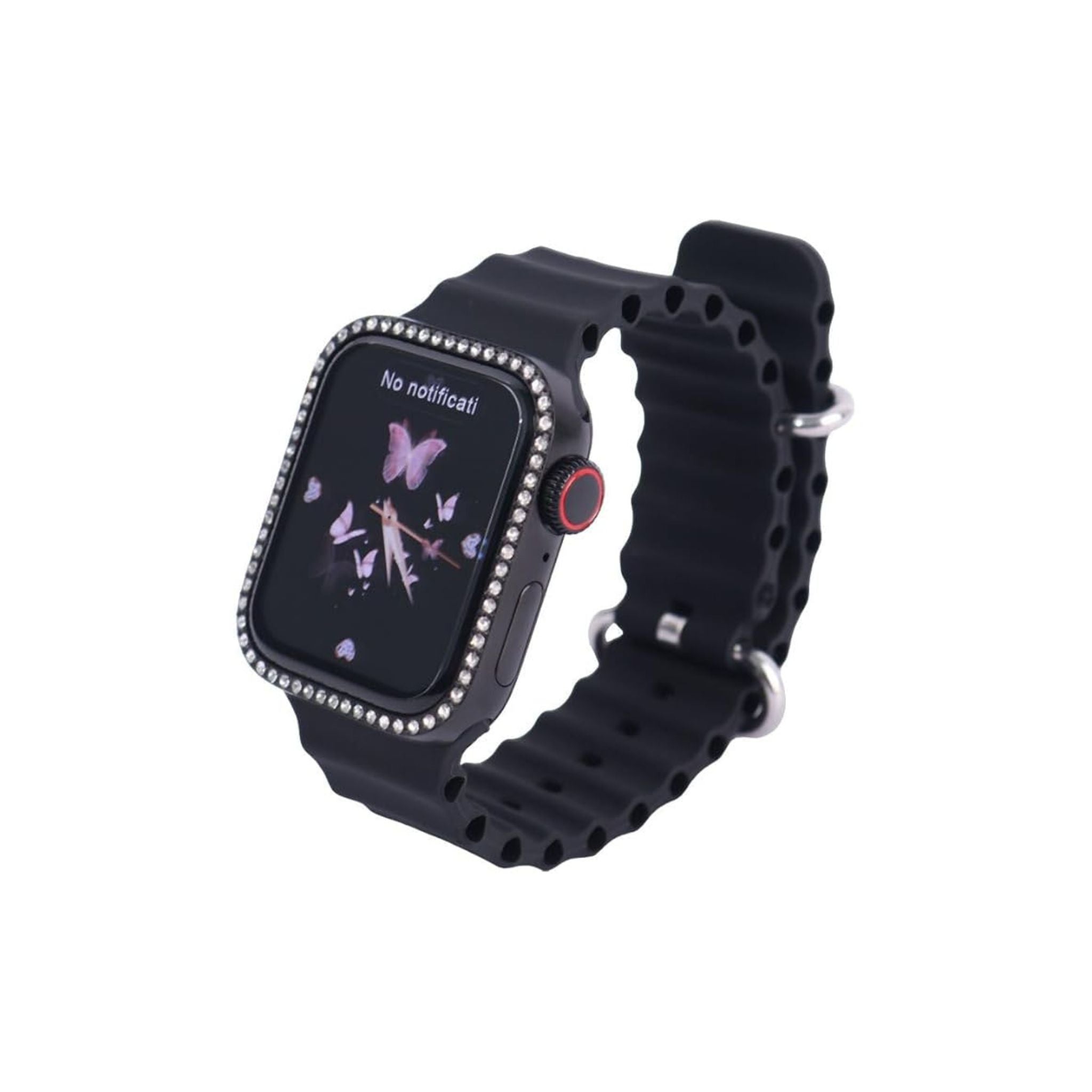 A black Modio MW19 Mini Smart Watch with a 36mm display, featuring a sparkling border and a butterfly on the watch face. It has a black band and a buckle clasp.