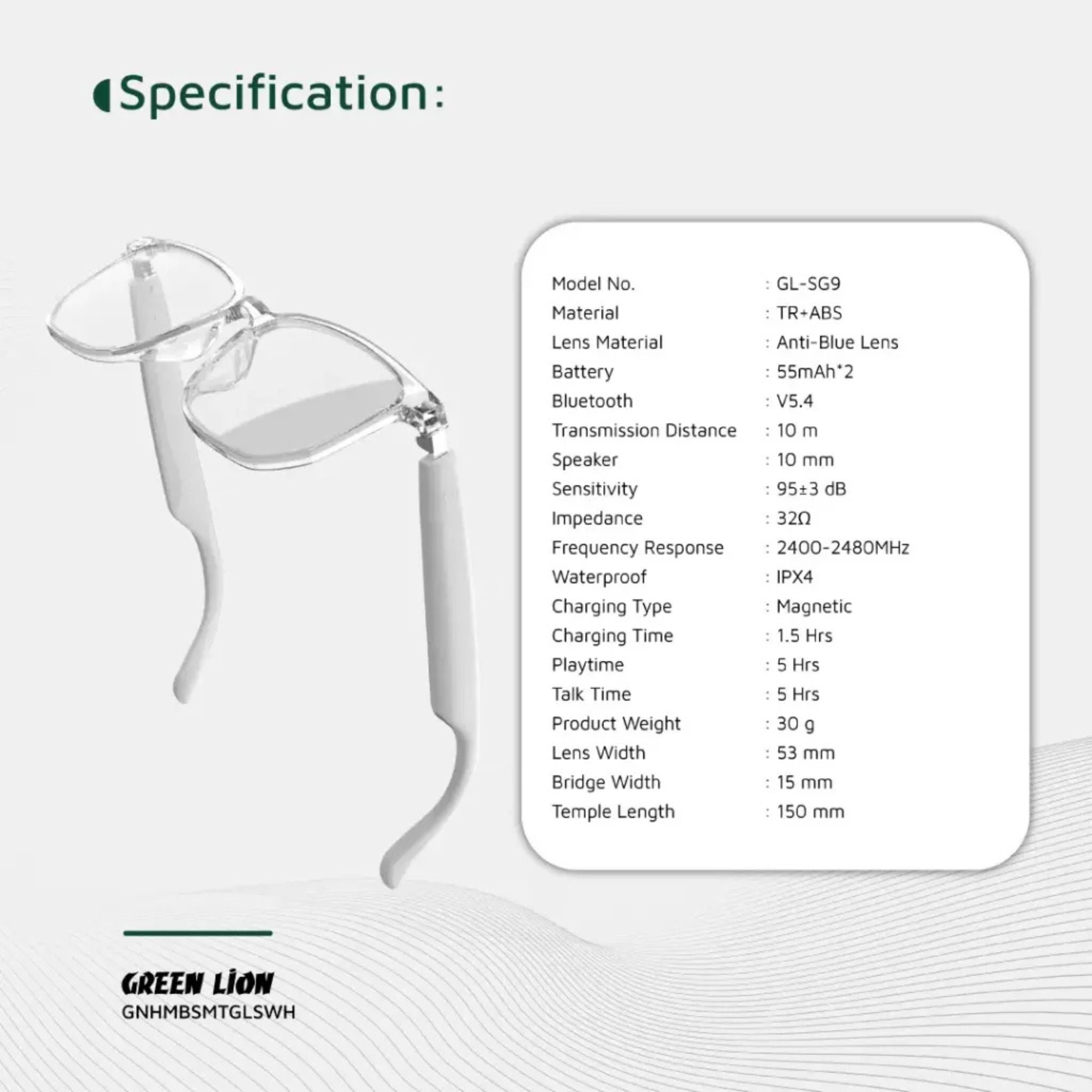 Green Lion Hamburg Smart Glasses with Touch Control, UV400 Protection, Built-in Microphone, Remote Camera & Voice Assistant, Anti-Blue Lenses, Up to 5 Hours Play Time, 1.5-Hour Magnetic Charging Time, 10m Transmission Distance - White