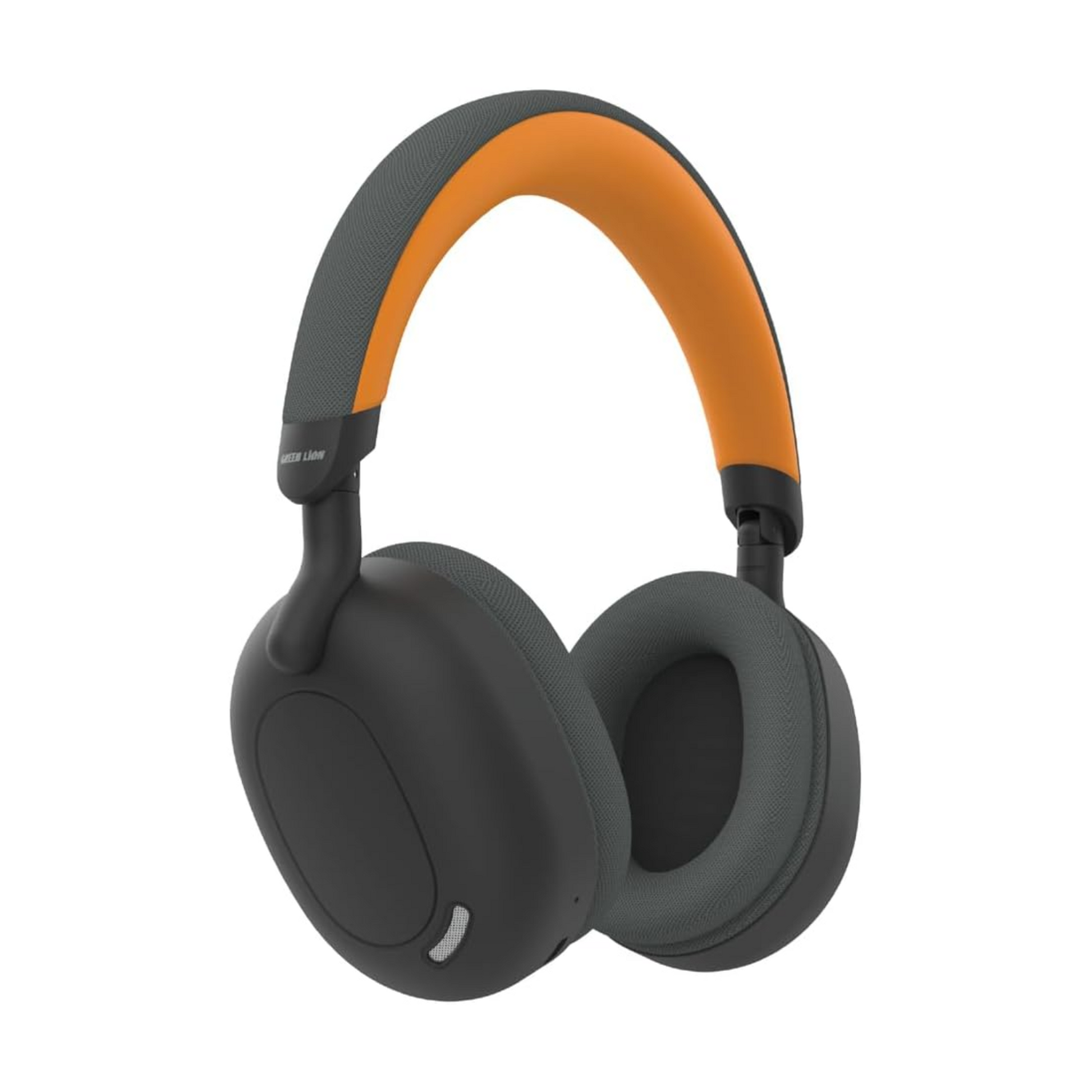 Black over-ear headphones with orange accents on a white background