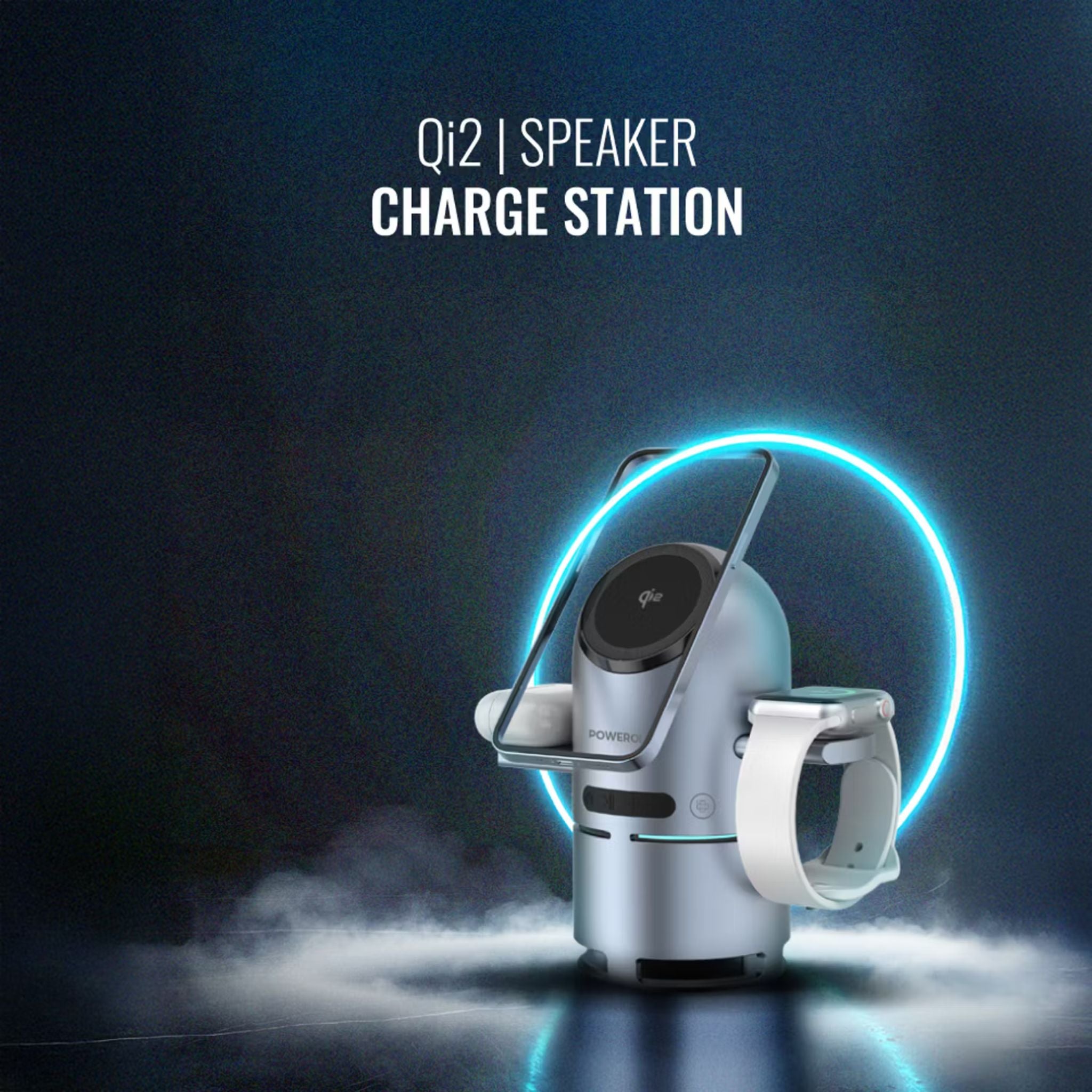 Powerology Qi2 Speaker Charge Station with Pop-Out Charging Dock, 15W Maximum Phone Output, 1000mAh Battery Capacity, Bluetooth Version 5.3, Built-in Safeguards - Gray
