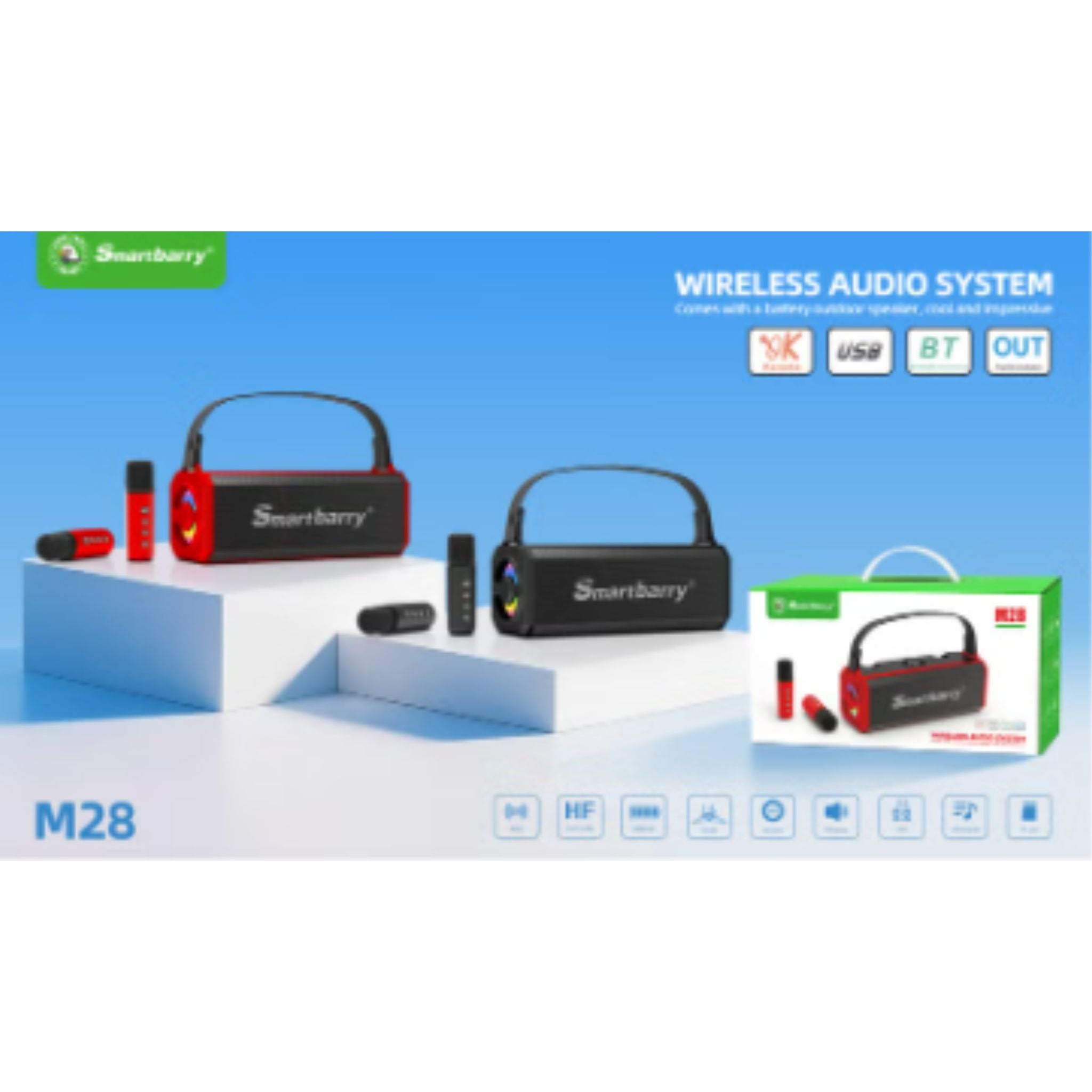 SmartBarry M28 Portable Karaoke Machine Wireless Bluetooth Speaker With two Microphones - Red