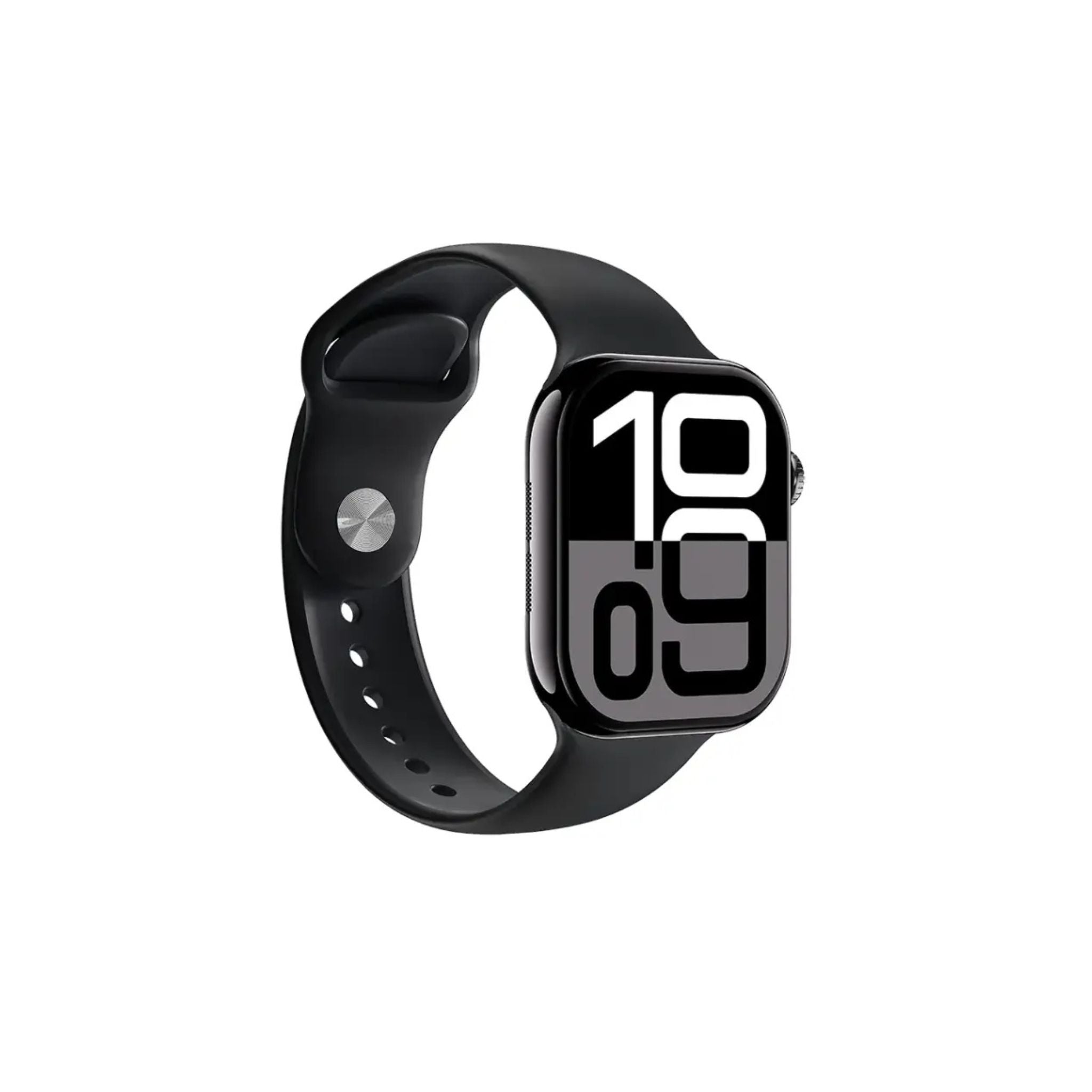 A black Green Lion Ultimate 10 46MM smart watch with a digital display showing the time.