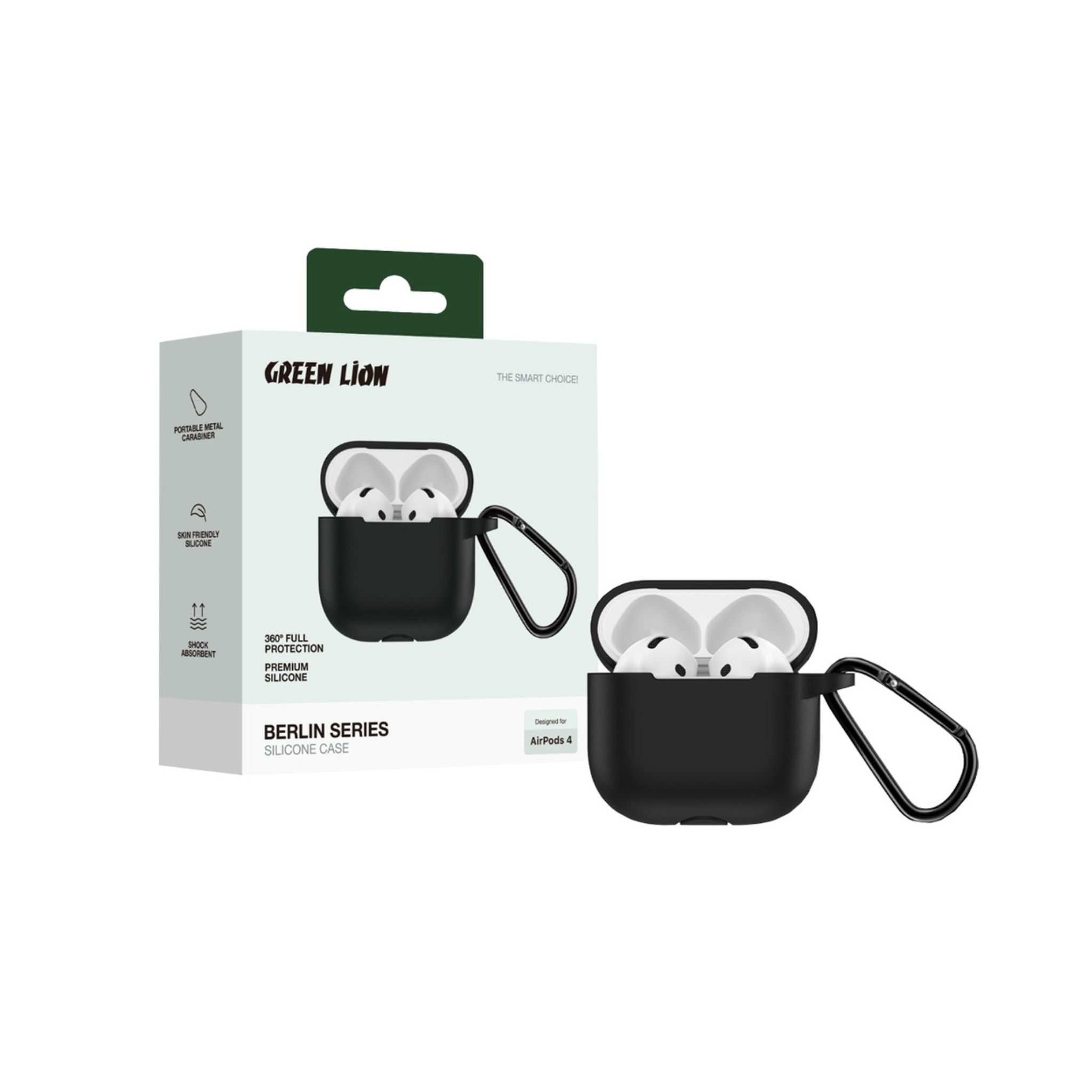 Green Lion Berlin Series Silicone Case for Airpods 4, Metal Carabiner, 360° Full Protection, Shock Absorbent, Skin Friendly Silicone, Washable Material - Black