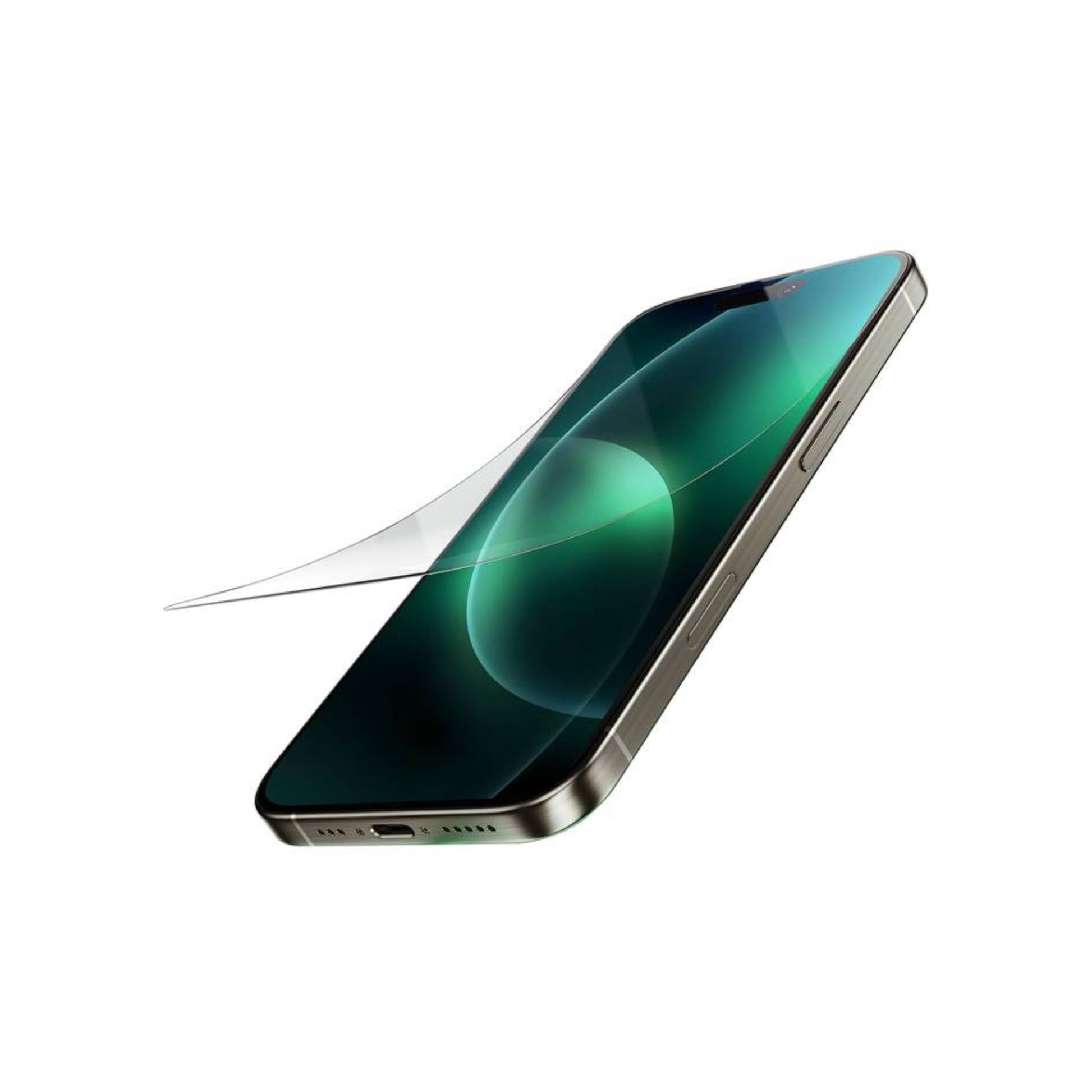 A clear glass screen protector for the iPhone 16, shown applied on the phone's screen.