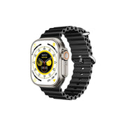 A digital smartwatch with a black strap and a silver case featuring a colorful digital display and navigation buttons.