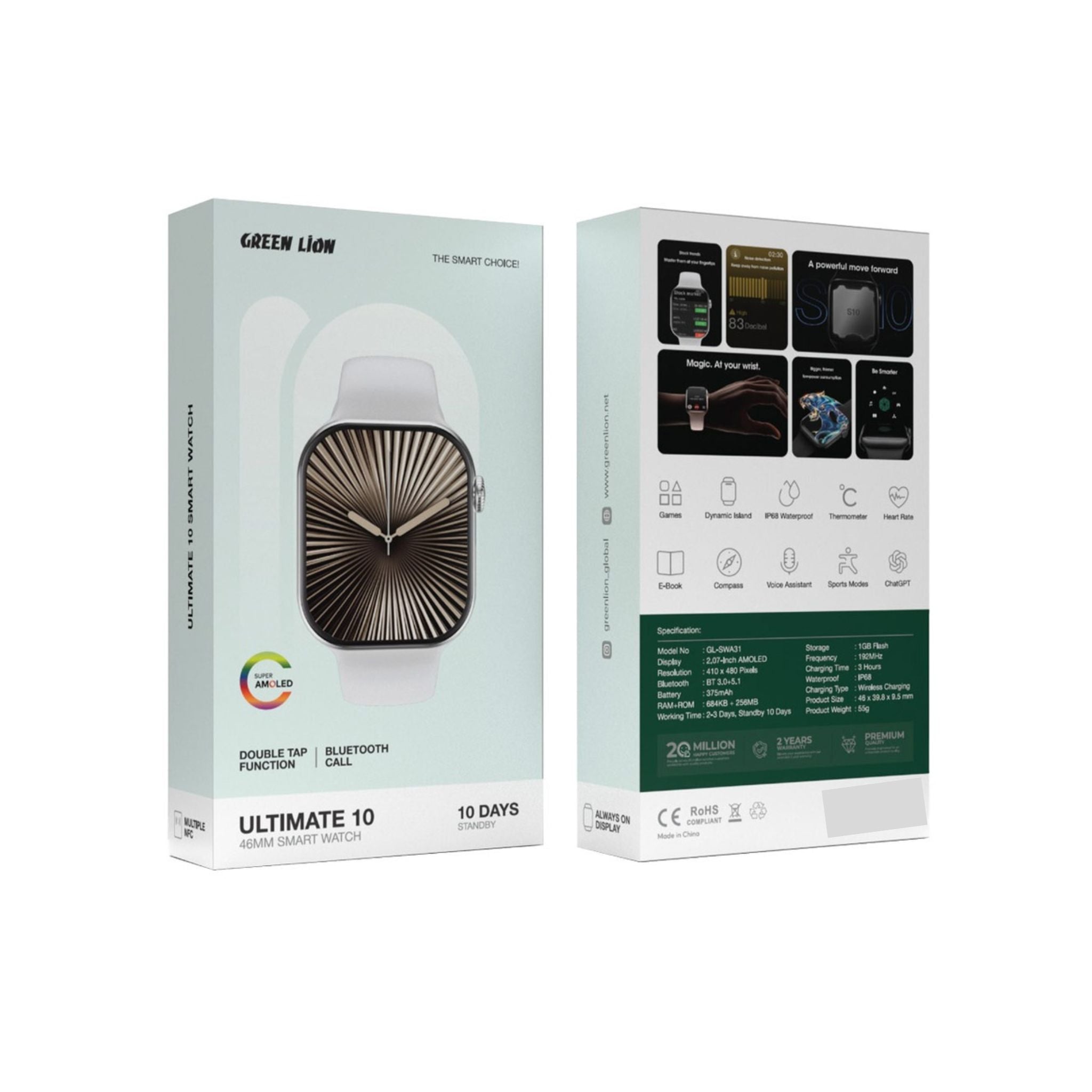Green Lion Ultimate10 46mm Smart Watch with Voice Assistant, Bluetooth Calling, Double Tap Function, Heart Rate Monitoring, ChatGPT Support, 2-3 Days Working Time & 10 Days Standby Time, 3 Hours Charging Time - Silver
