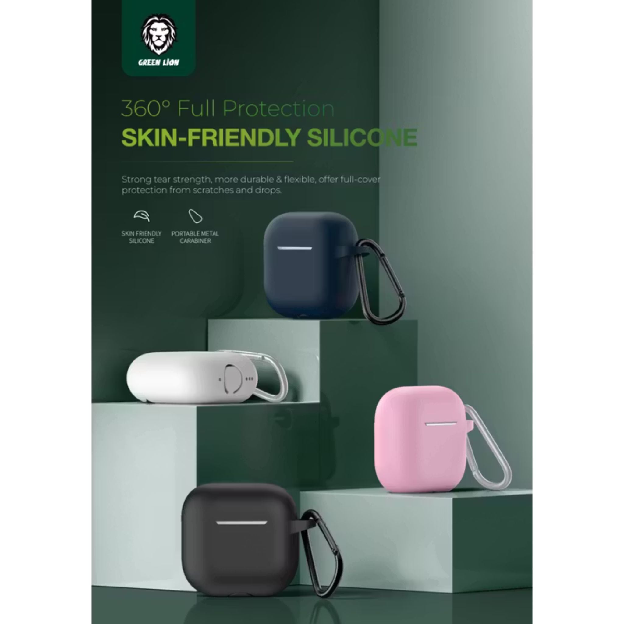 Green Lion Berlin Series Silicone Case for Airpods 4, Metal Carabiner, 360° Full Protection, Shock Absorbent, Skin Friendly Silicone, Washable Material - Blue