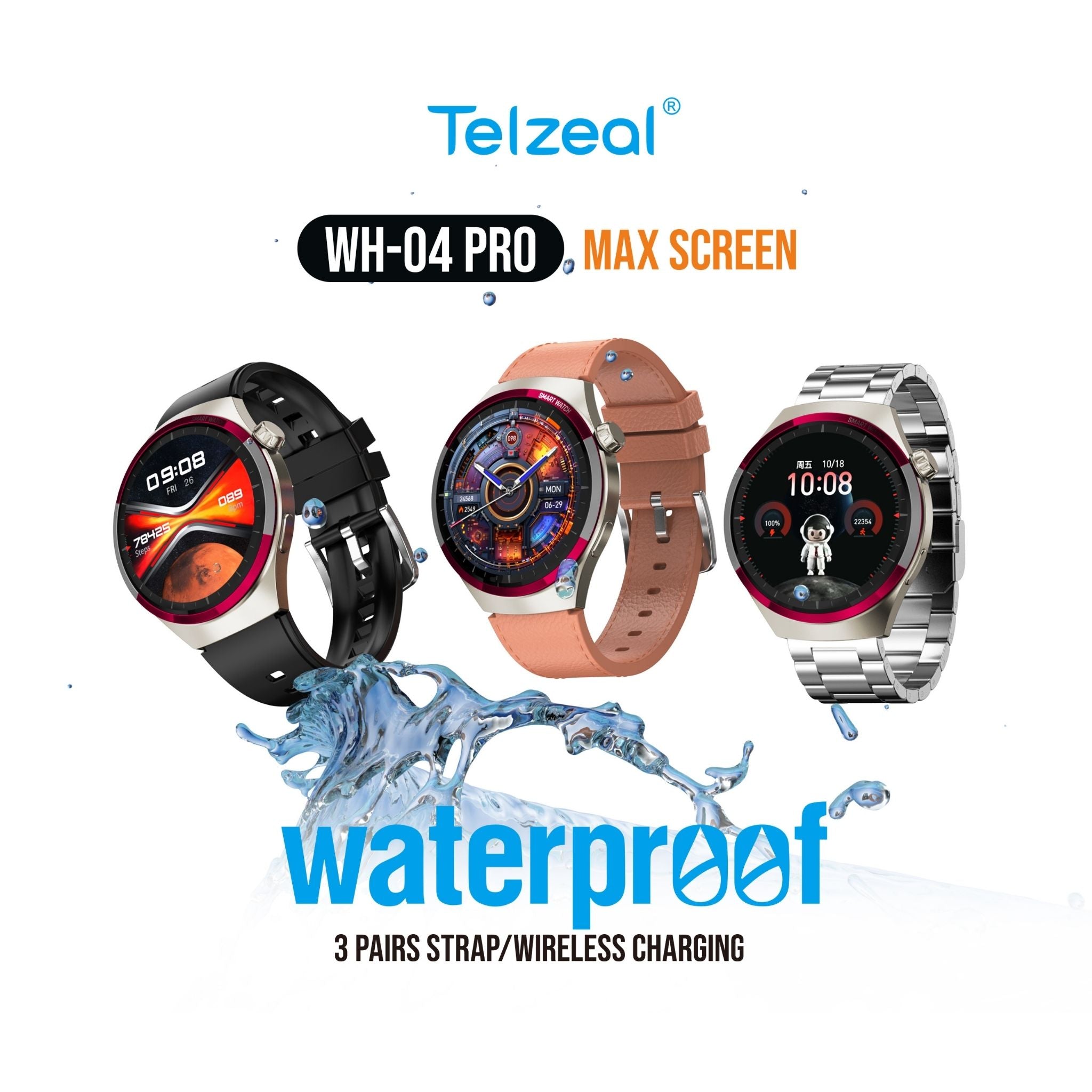 Telzeal WH 04 Pro Max Screen Waterproof Smartwatch With Curved Display 3 Pair Straps and Charging Cable Designed for Mens and Boys- Silver