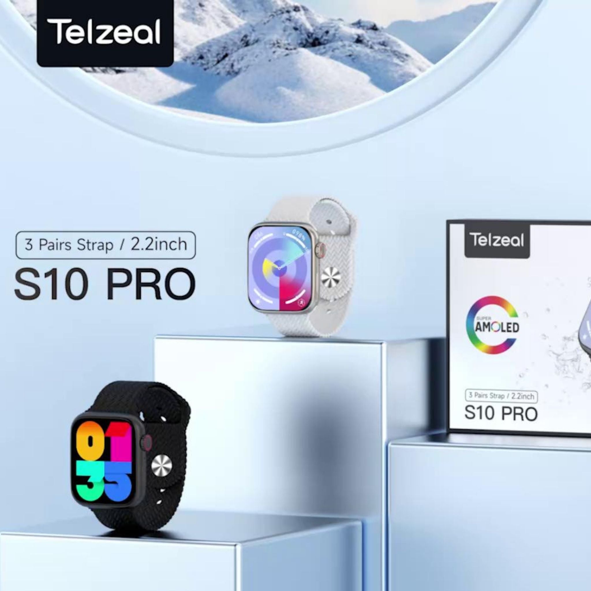 Telzeal S10 Pro AMOLED Display Smart Watch with 3 Pairs of Straps, Wireless Charger – Stylish, High-Resolution Display, Fitness Tracking, Heart Rate Monitoring, and More – Black