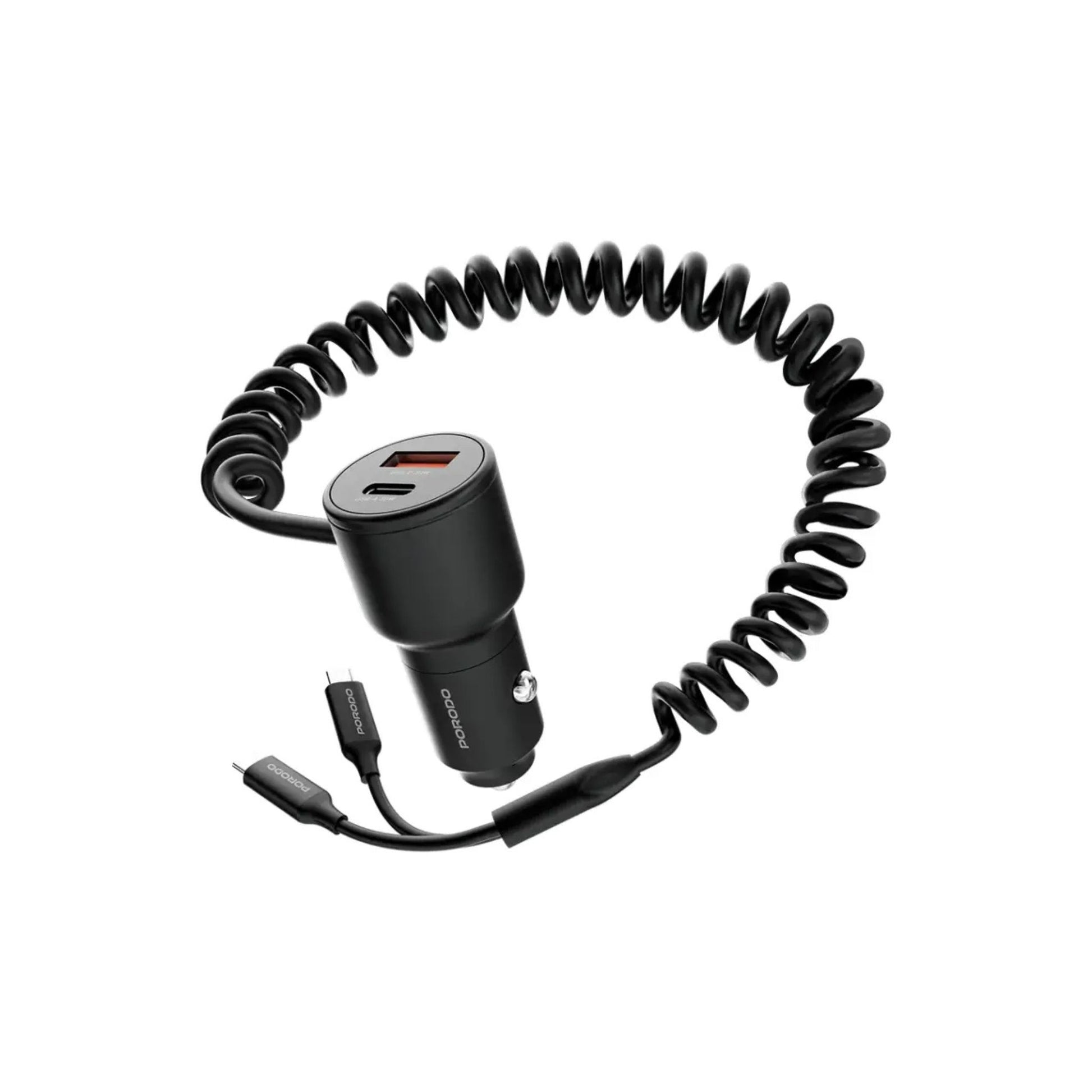 A black Porodo dual port car charger with integrated cables, featuring a USB-A and USB-C port, and a spring coiled cable.