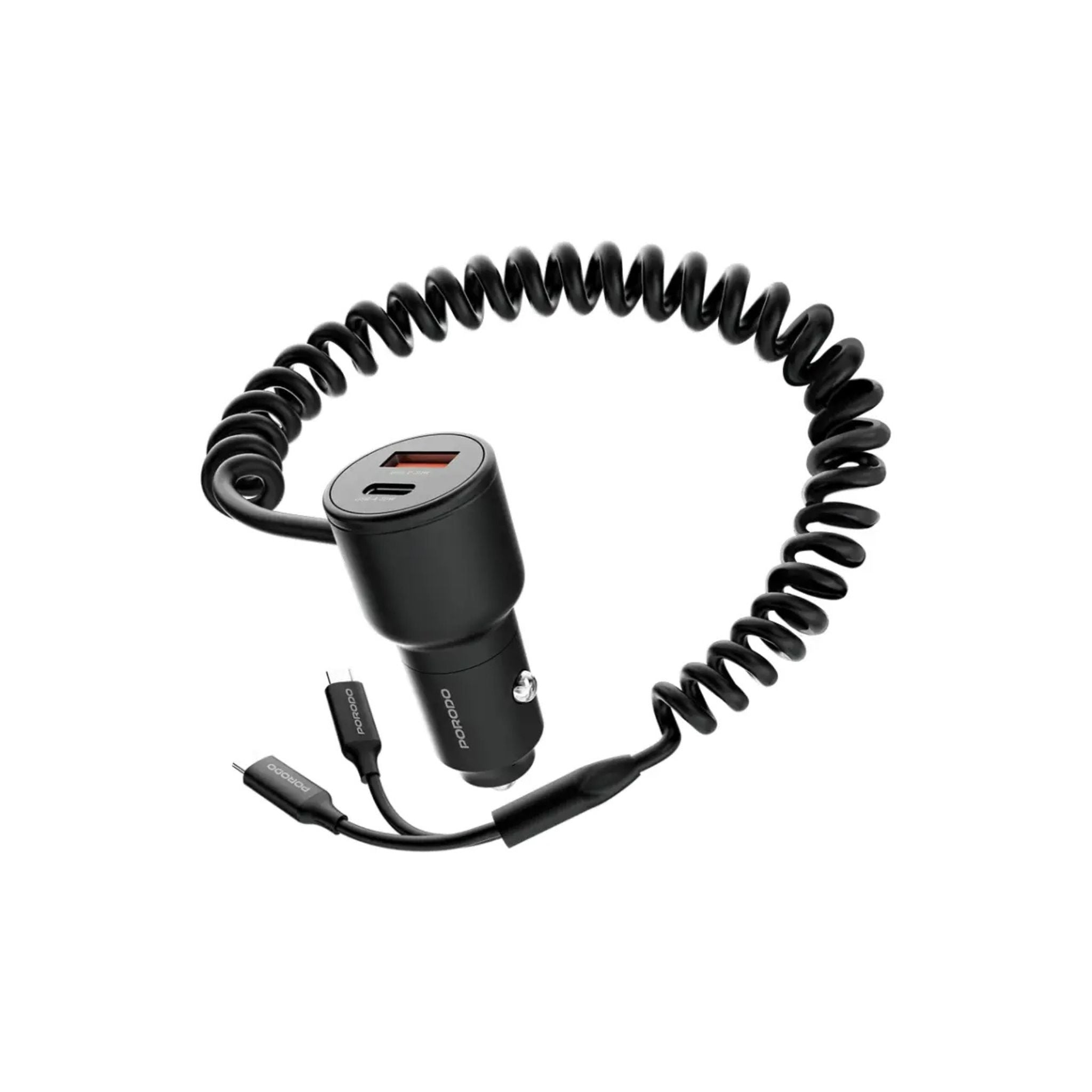 A black Porodo dual port car charger with integrated cables, featuring a USB-A and USB-C port, and a spring coiled cable.