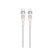 A white Porodo aluminum braided cable with a USB-C connector on one end and a Lightning connector on the other, designed for charging and data transfer.