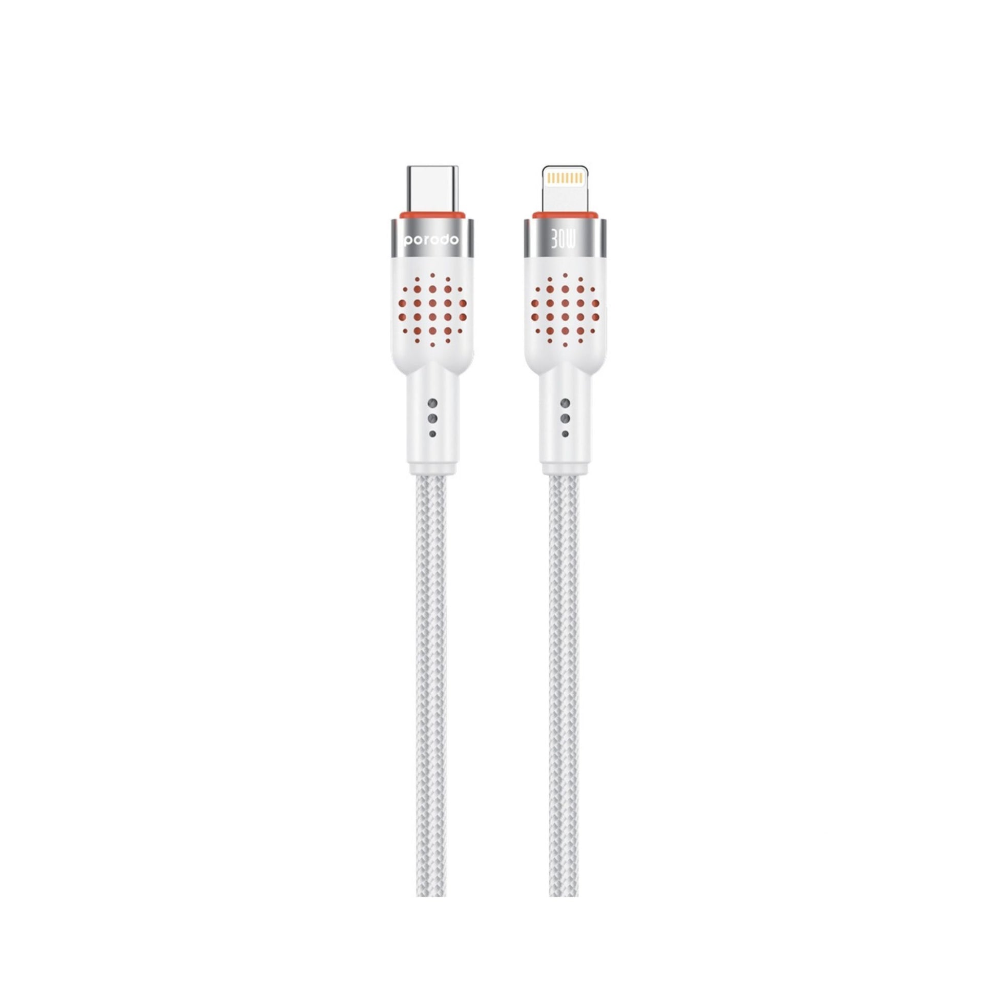 A white Porodo aluminum braided cable with a USB-C connector on one end and a Lightning connector on the other, designed for charging and data transfer.