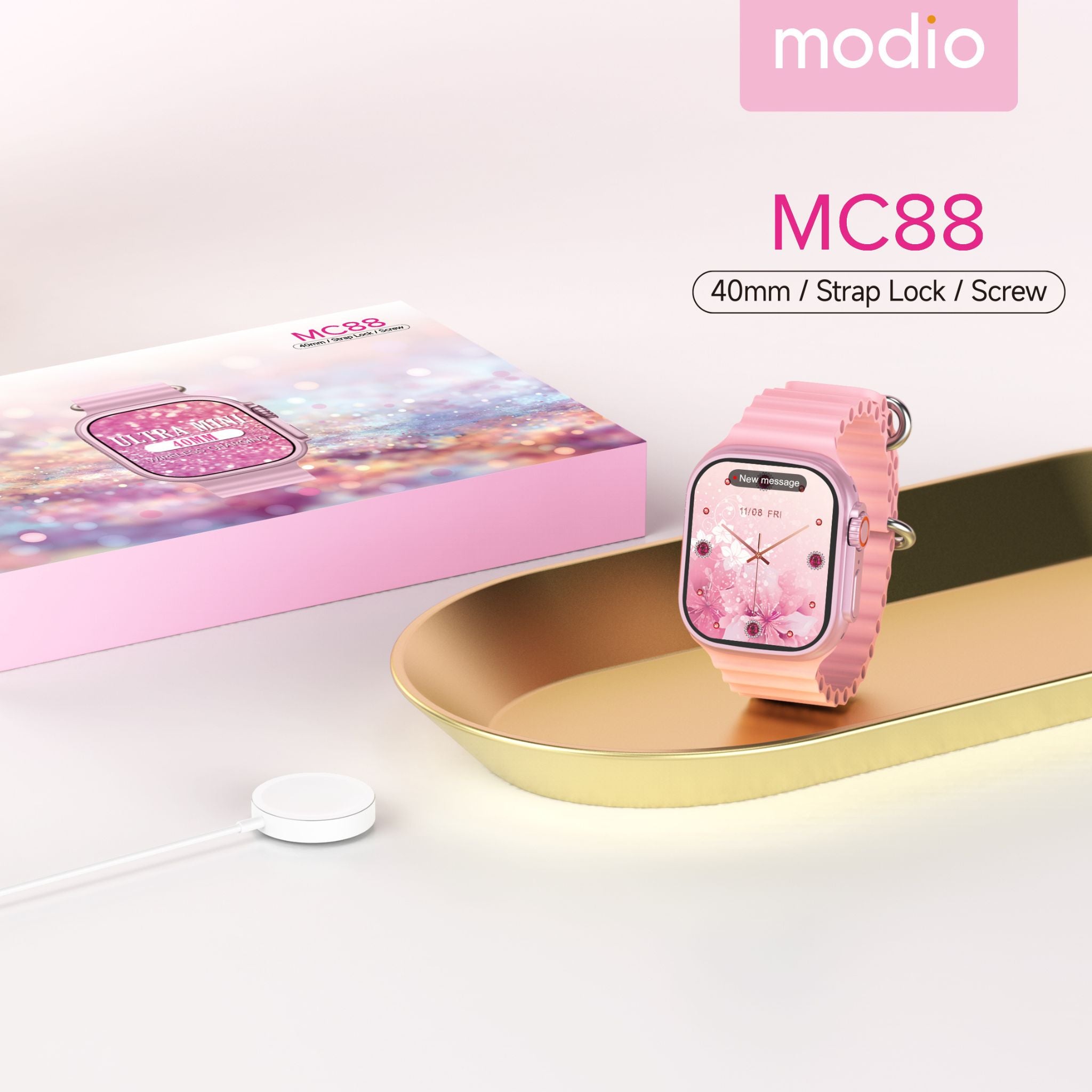Modio MC88 Ultra Mini Smart Watch with 36mm HD Display, Wireless Magnetic Charging, Secure Strap Lock, Screw-Style Metal Frame, Bluetooth Calling, Health & Fitness Monitoring, Notifications, Compact Unisex Design – Lightweight & Stylish