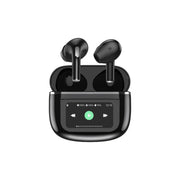 Black Porodo Soundtec Wonder TWS Earphones with touch screen and Bluetooth V5.4 technology, displayed in a charging case.