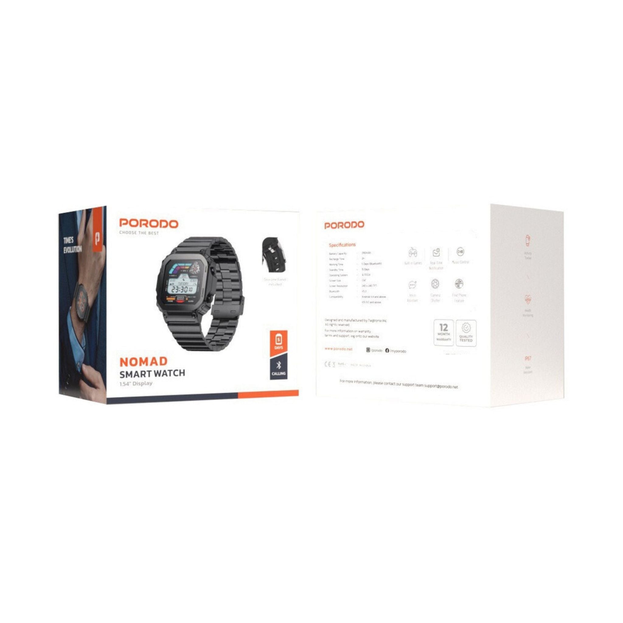 Porodo Nomad Smart Watch, 1.54" Screen, 290mAh Battery Capacity, Bluetooth 5.3, Android & iOS Compatible, 5 Days Working Time, IP67 Water Resistant, Health Monitoring - Black